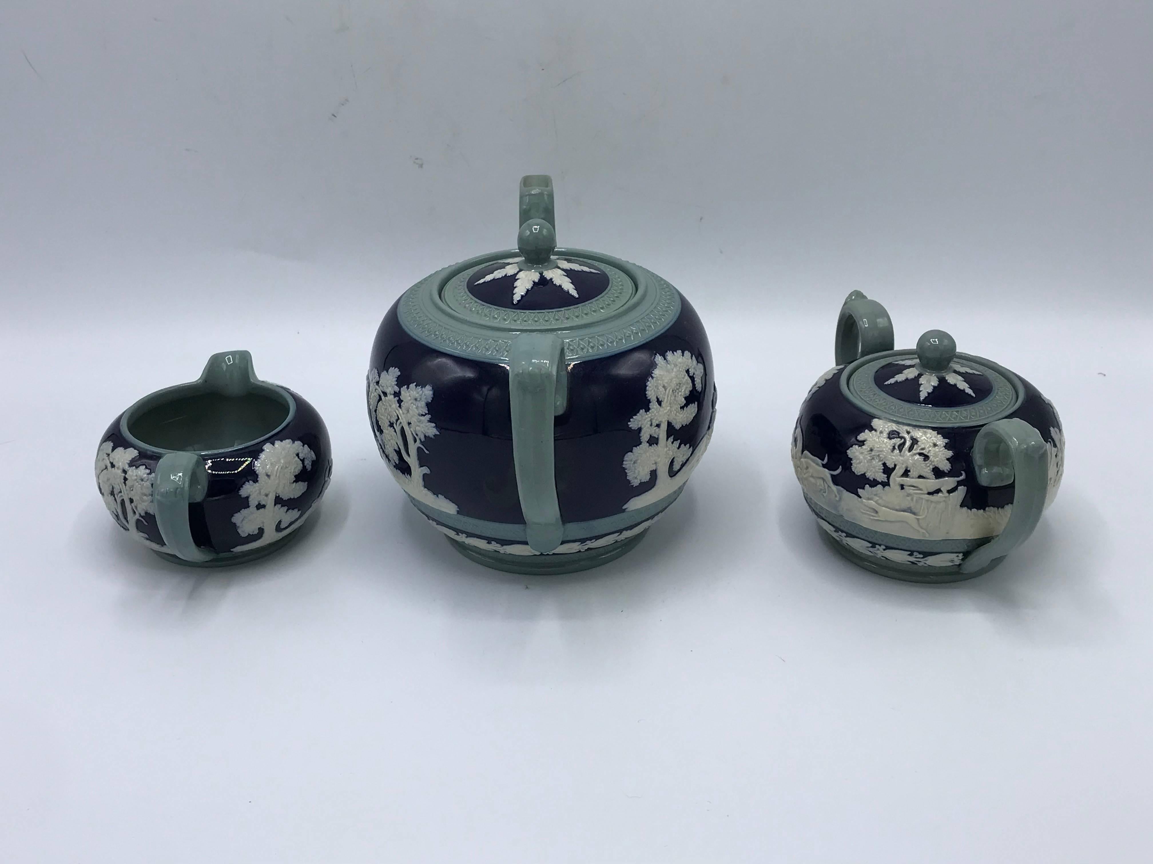 19th Century Copeland Spode Cobalt and White Hunting Scene Tea Set, Set of Three In Excellent Condition In Richmond, VA