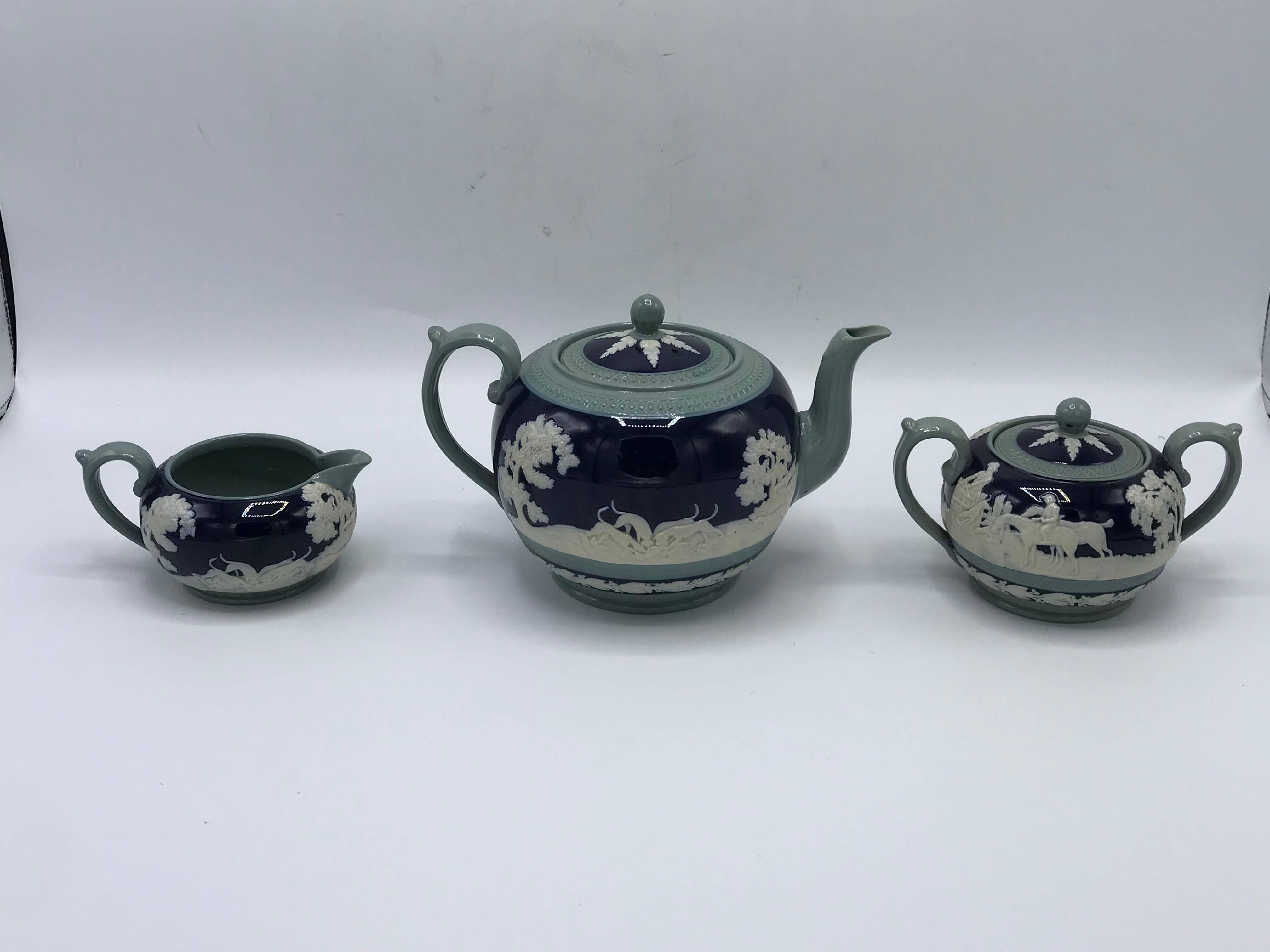 Porcelain 19th Century Copeland Spode Cobalt and White Hunting Scene Tea Set, Set of Three