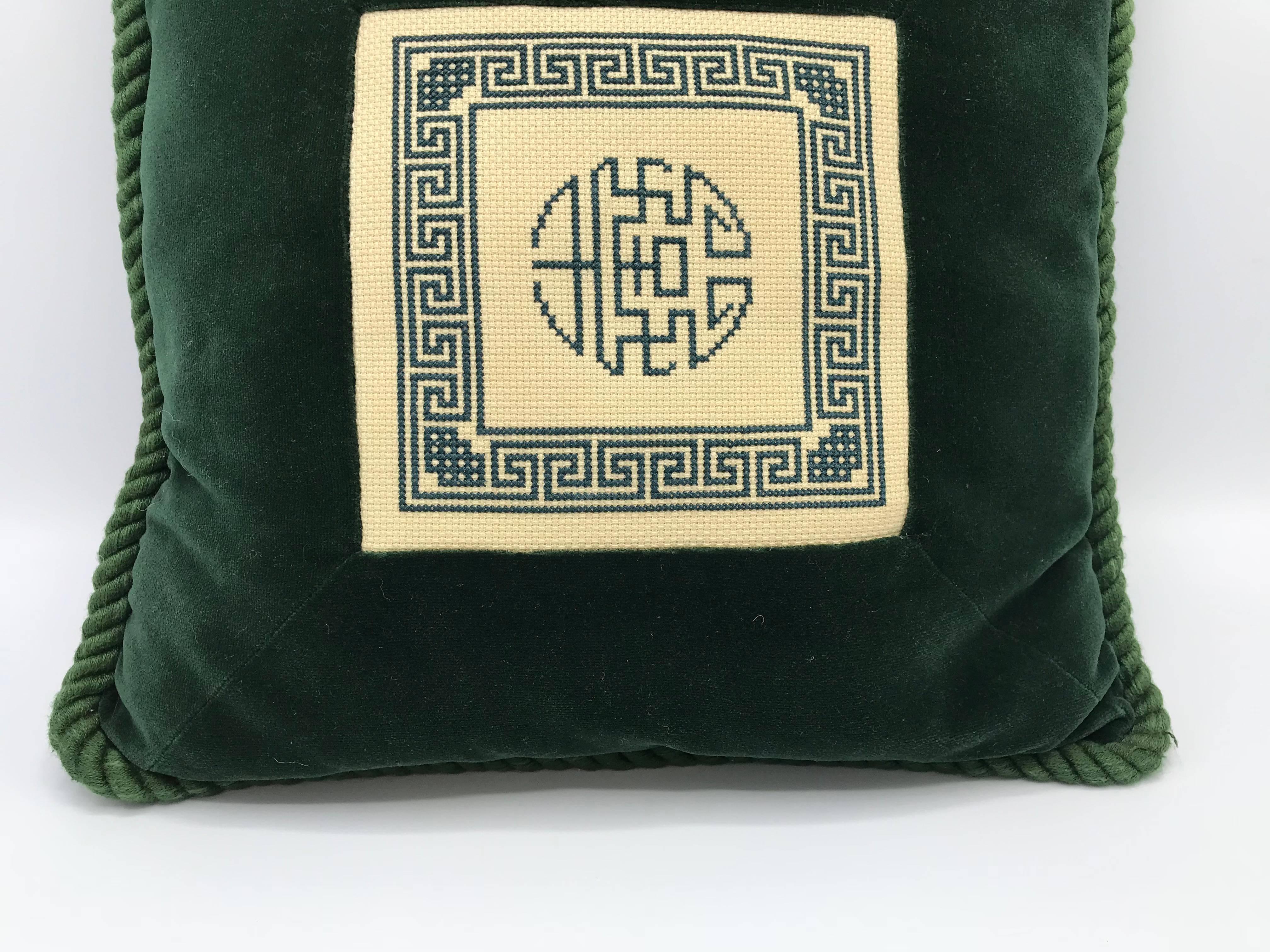 20th Century 1960s Chinoiserie Needlepoint and Green Velvet Pillow
