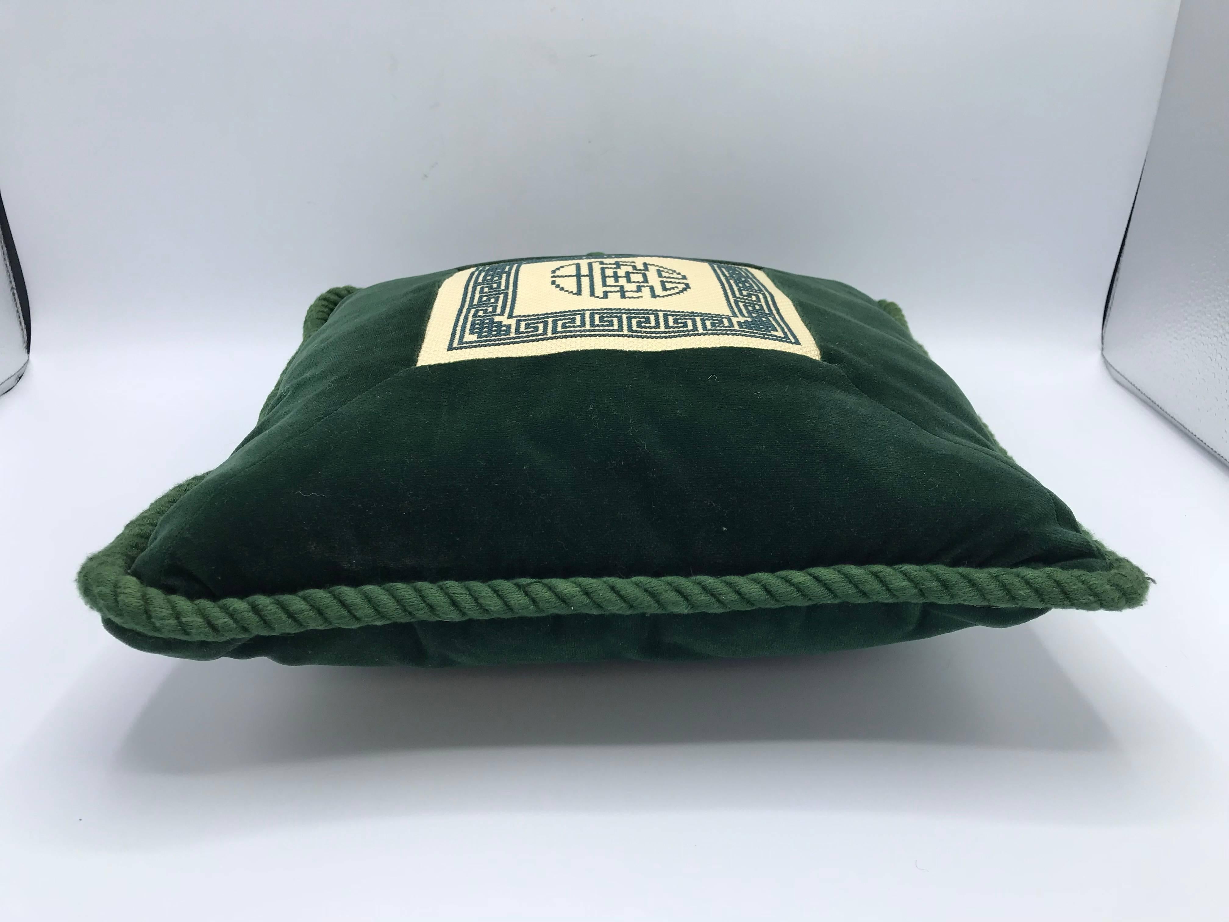 Wool 1960s Chinoiserie Needlepoint and Green Velvet Pillow
