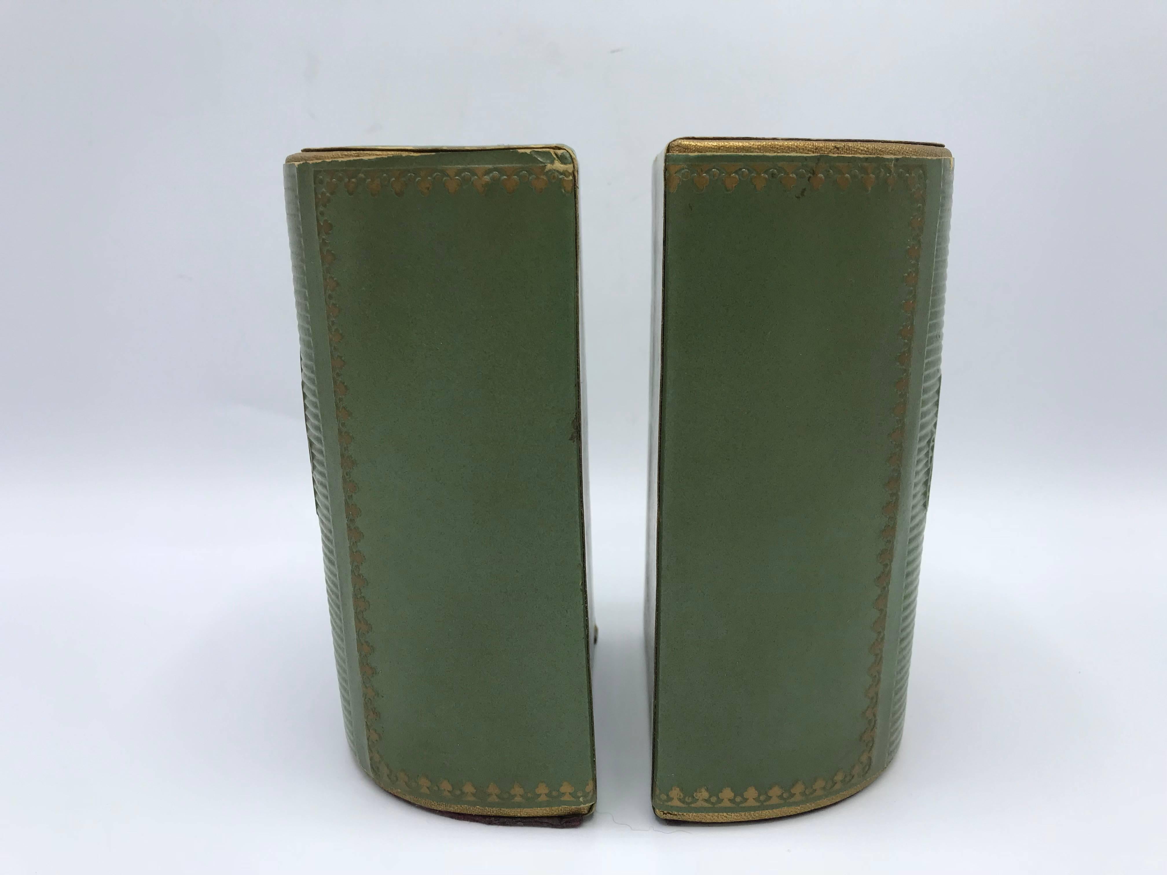 1940s Italian Green Leather Bookends with Gold Detailing, Pair 1