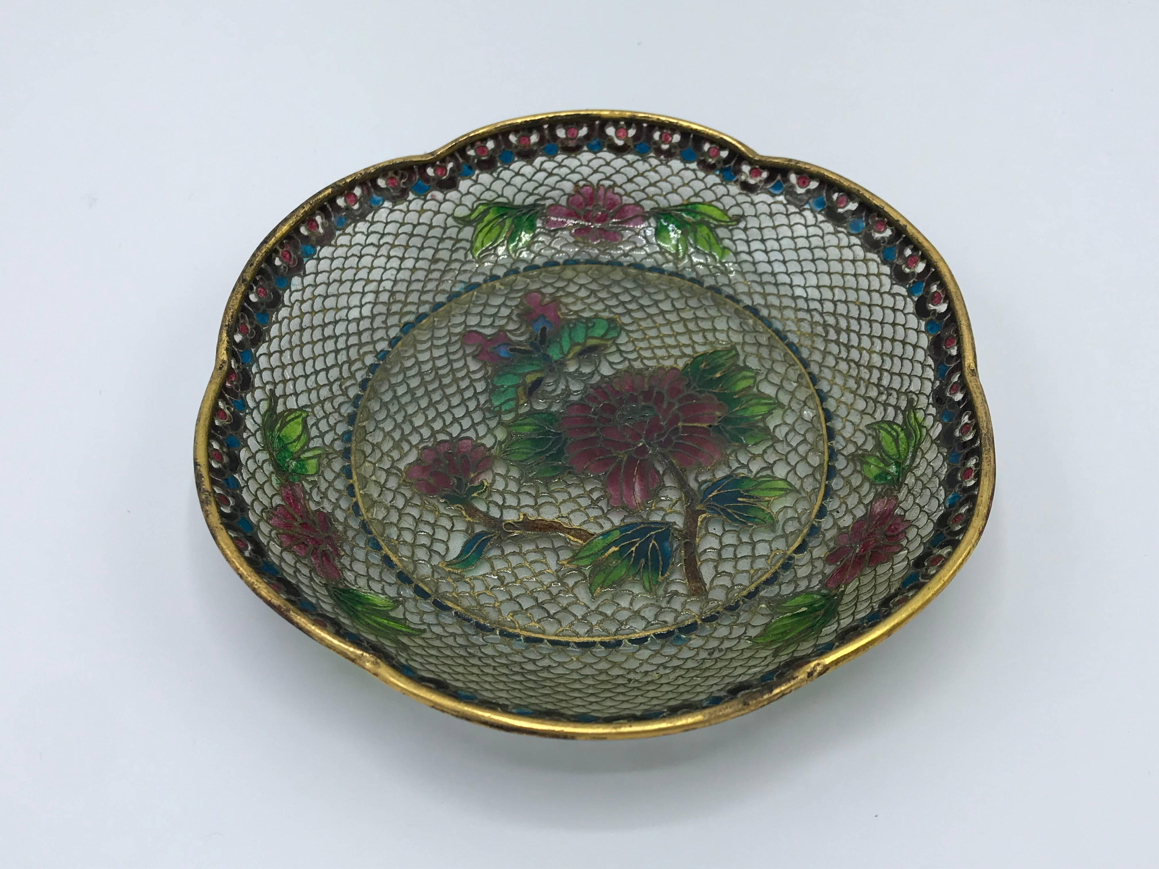 19th Century French Plique a Jour Cloisonné Mosaic Dish with Floral Motif In Excellent Condition In Richmond, VA