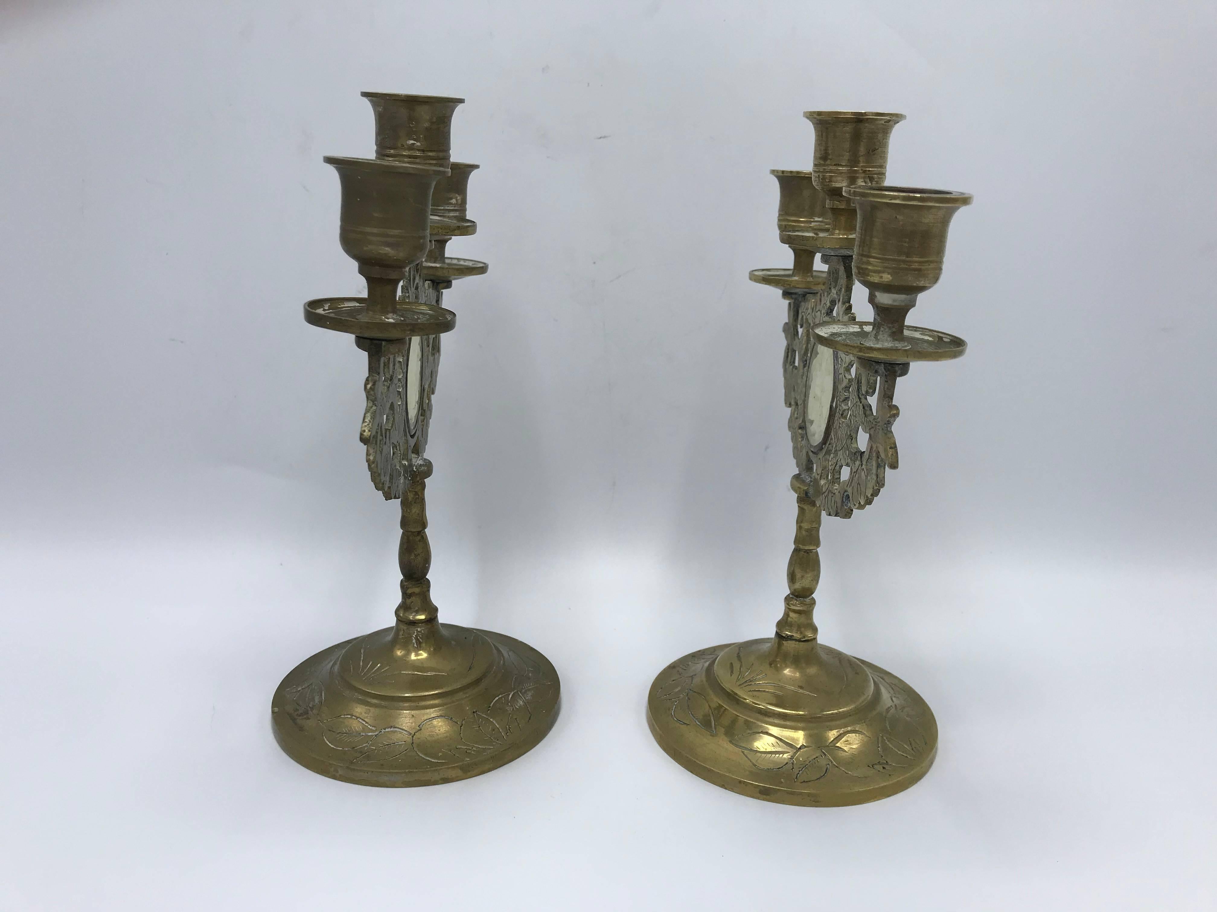 1960s Asian Brass Candlestick Holders with Dragon Motifs and Jade Inlay, Pair In Excellent Condition In Richmond, VA