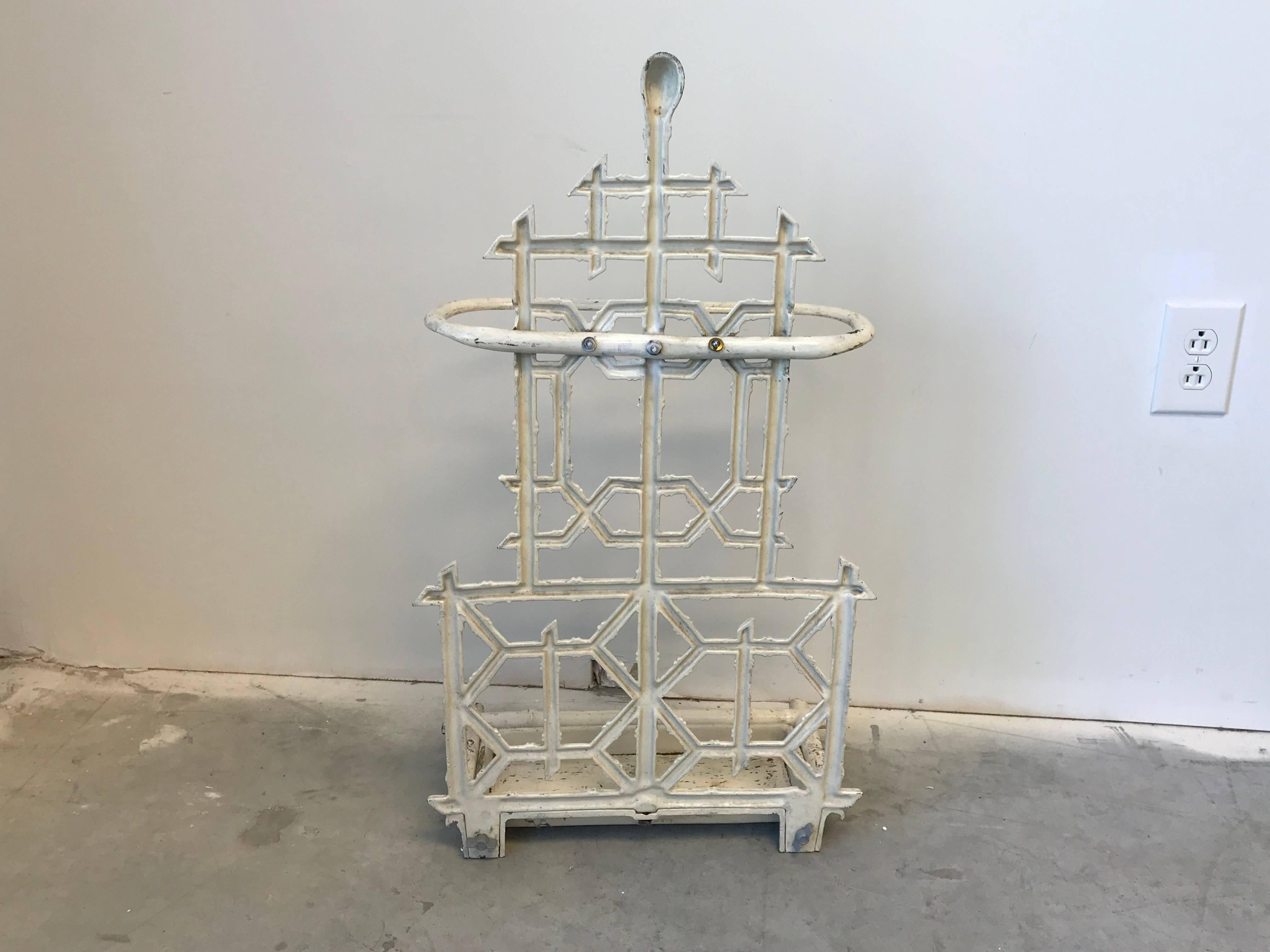 20th Century 1920s Cast-Iron White Faux Bamboo Umbrella Stand with Tray