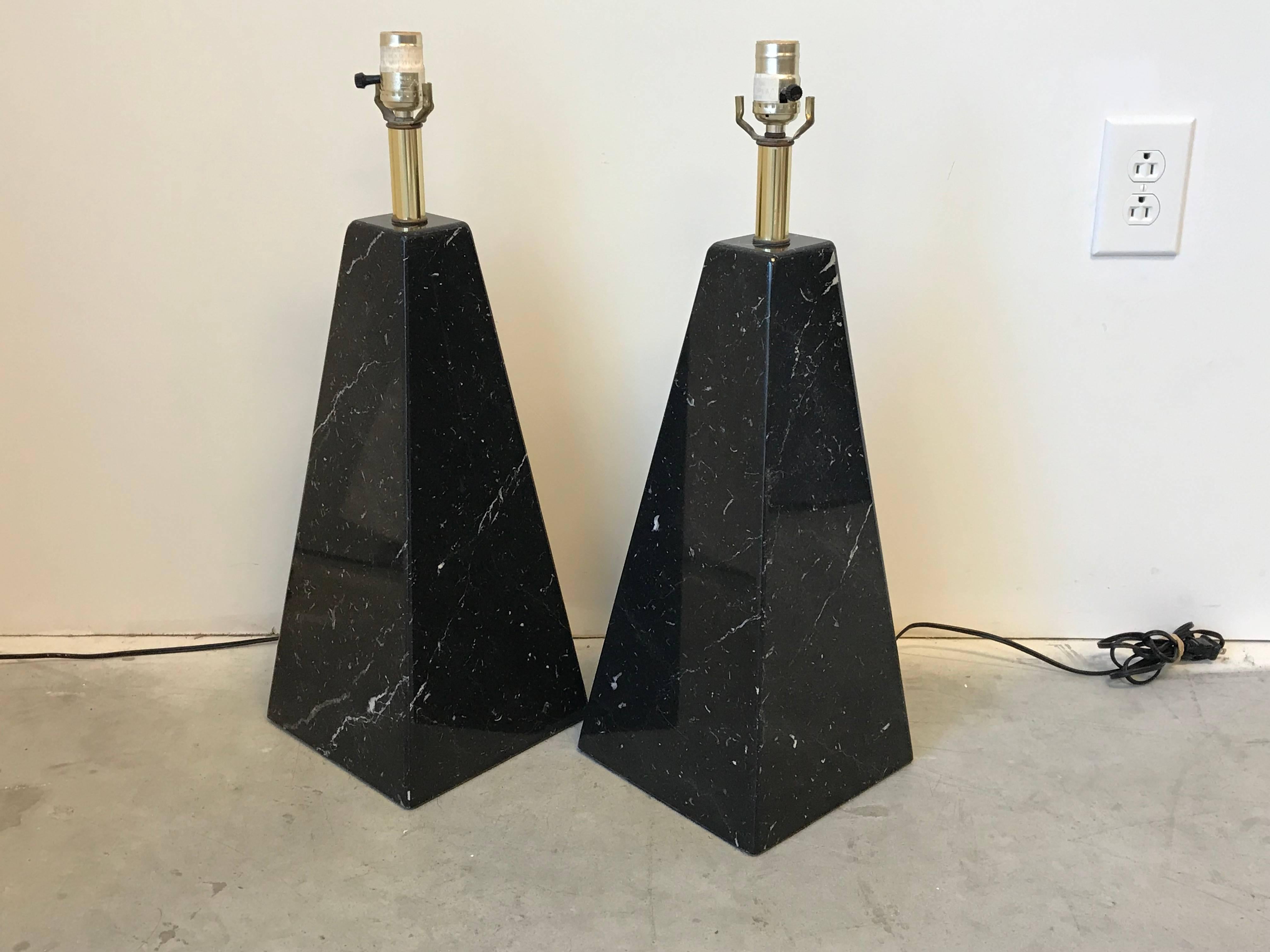 Polished 1970s Cini Boeri Style Black Marble Pyramid Lamps, Pair