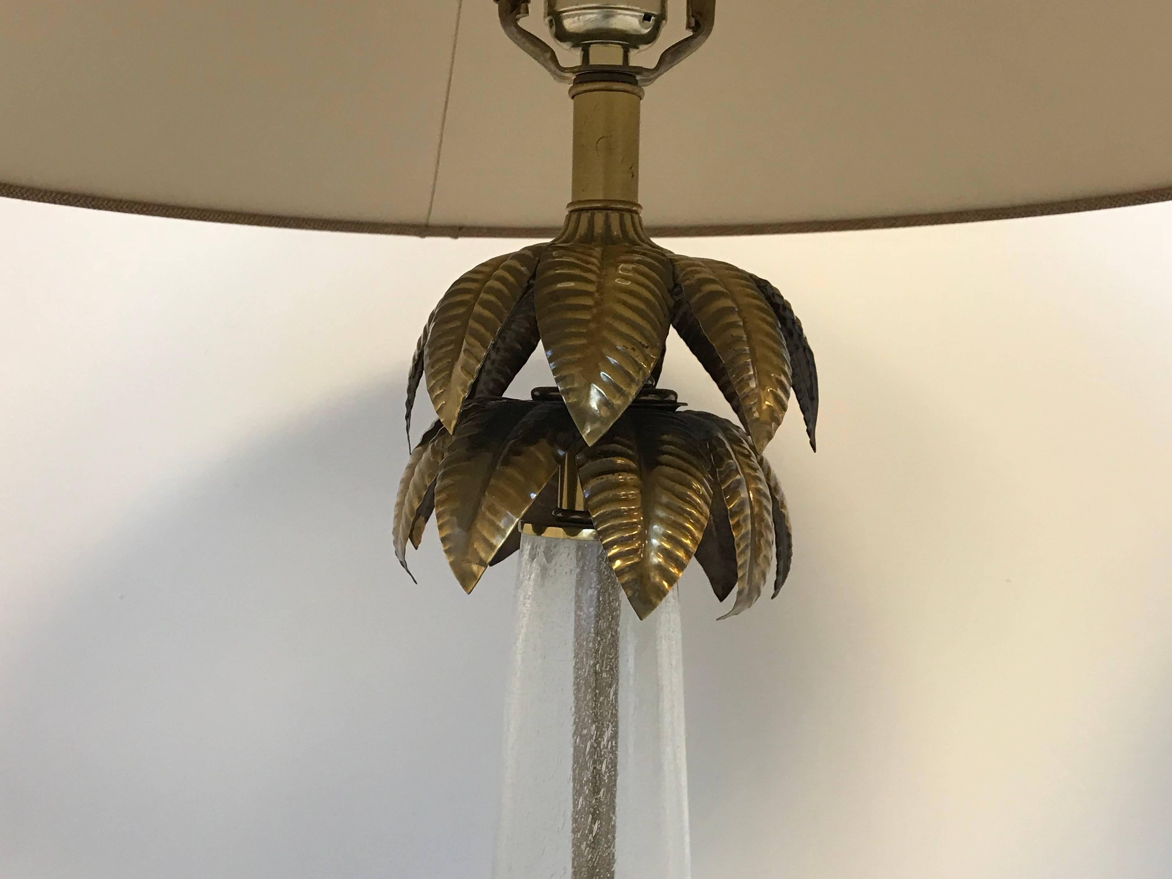 American 1970s Frederick Cooper Brass and Art Glass Palm Tree Lamps with Shades, Pair