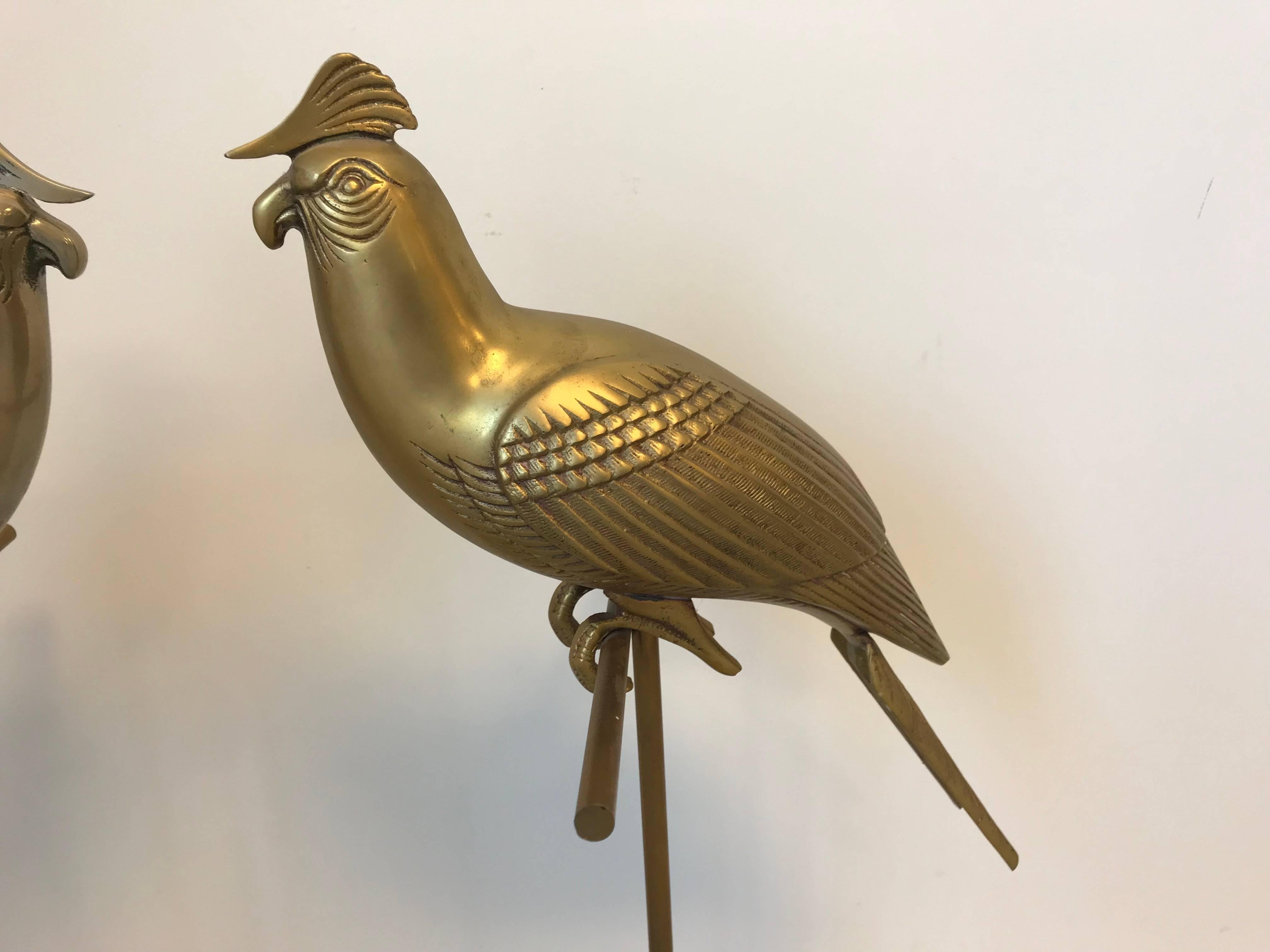 Modern 1960s Sergio Bustamante Style Brass Cockatiel Bird Sculpture on Perch, Pair