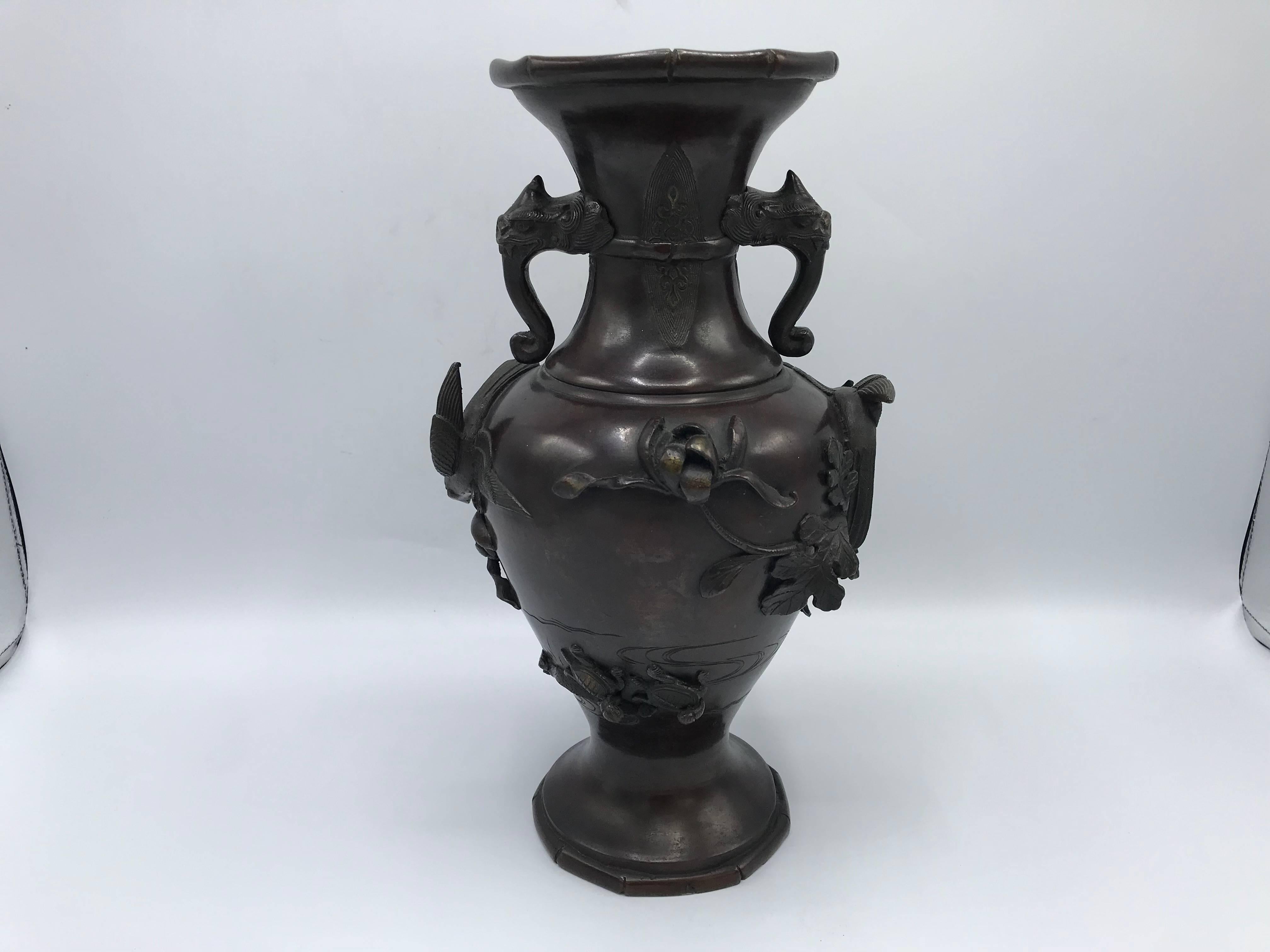 19th Century Meiji Period Bronze Vase with Faux Bamboo and Sculptural Animals 1