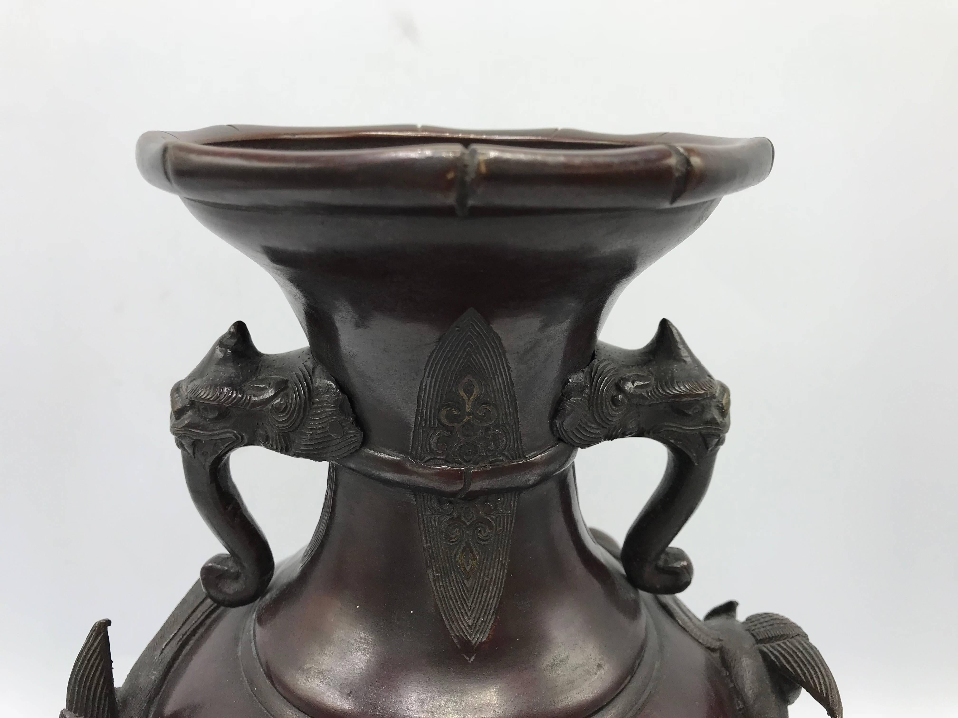19th Century Meiji Period Bronze Vase with Faux Bamboo and Sculptural Animals 2
