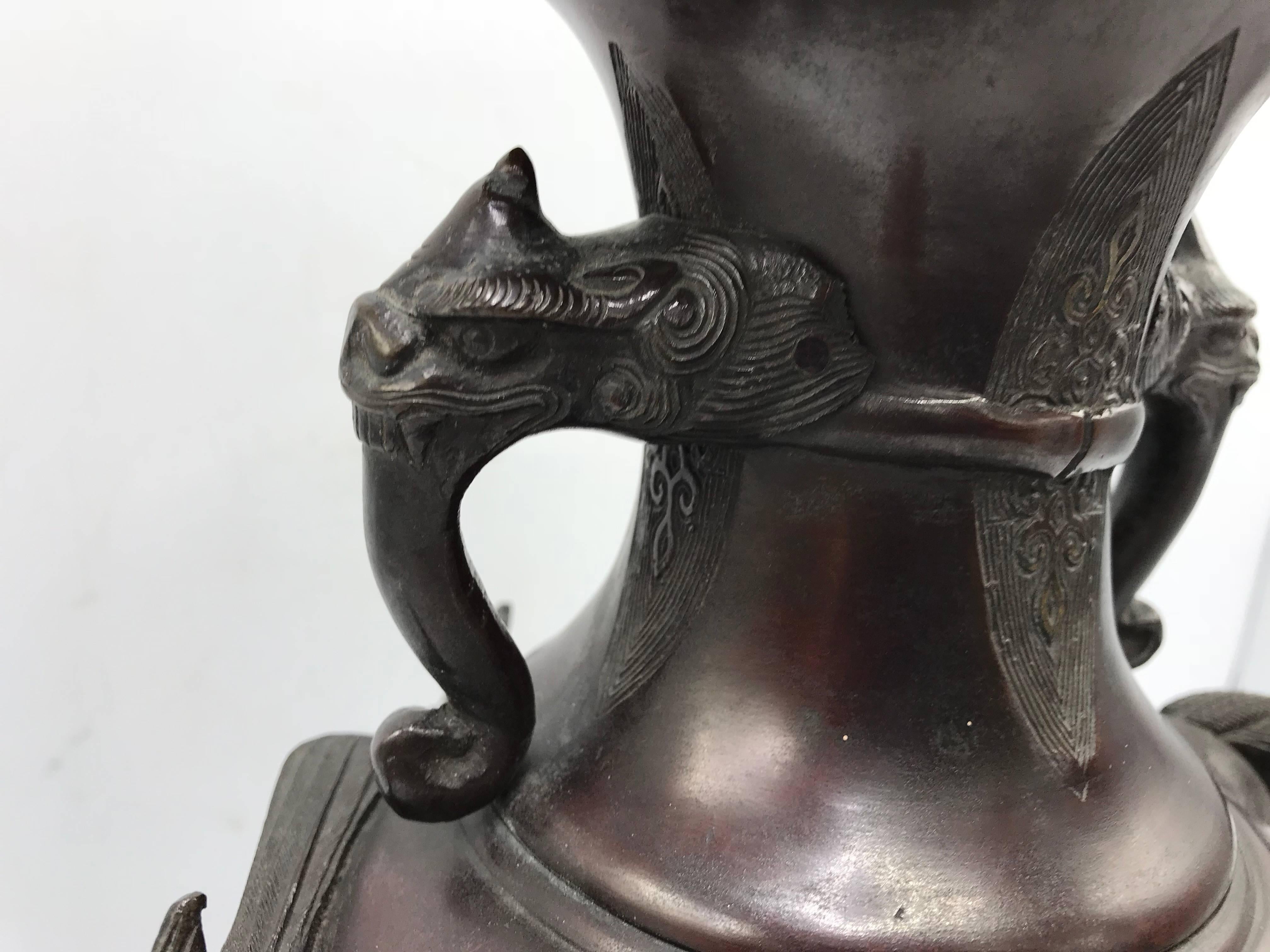 19th Century Meiji Period Bronze Vase with Faux Bamboo and Sculptural Animals 3