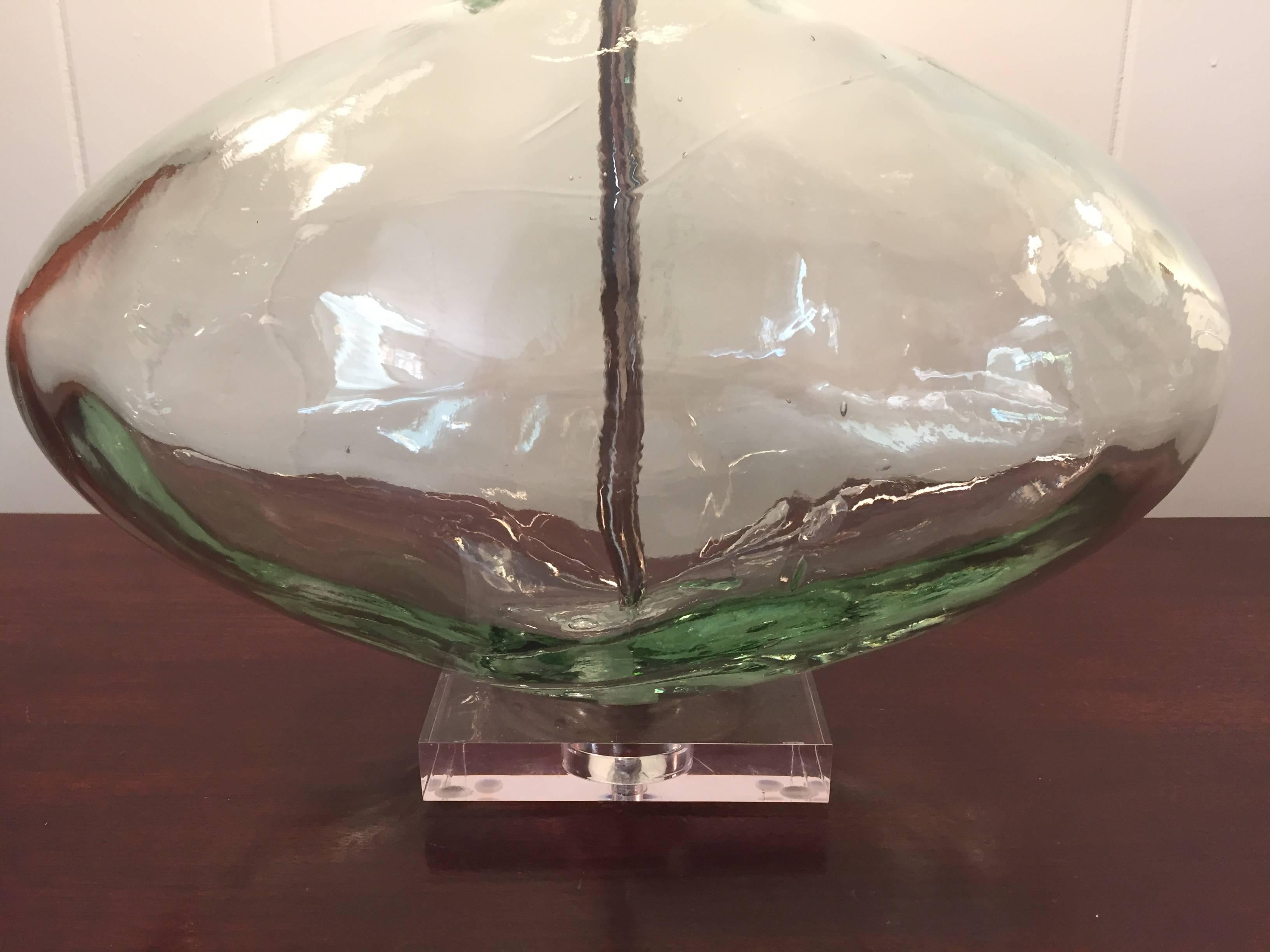1970s Pale Green Blown Glass Lamp with Lucite Base 1