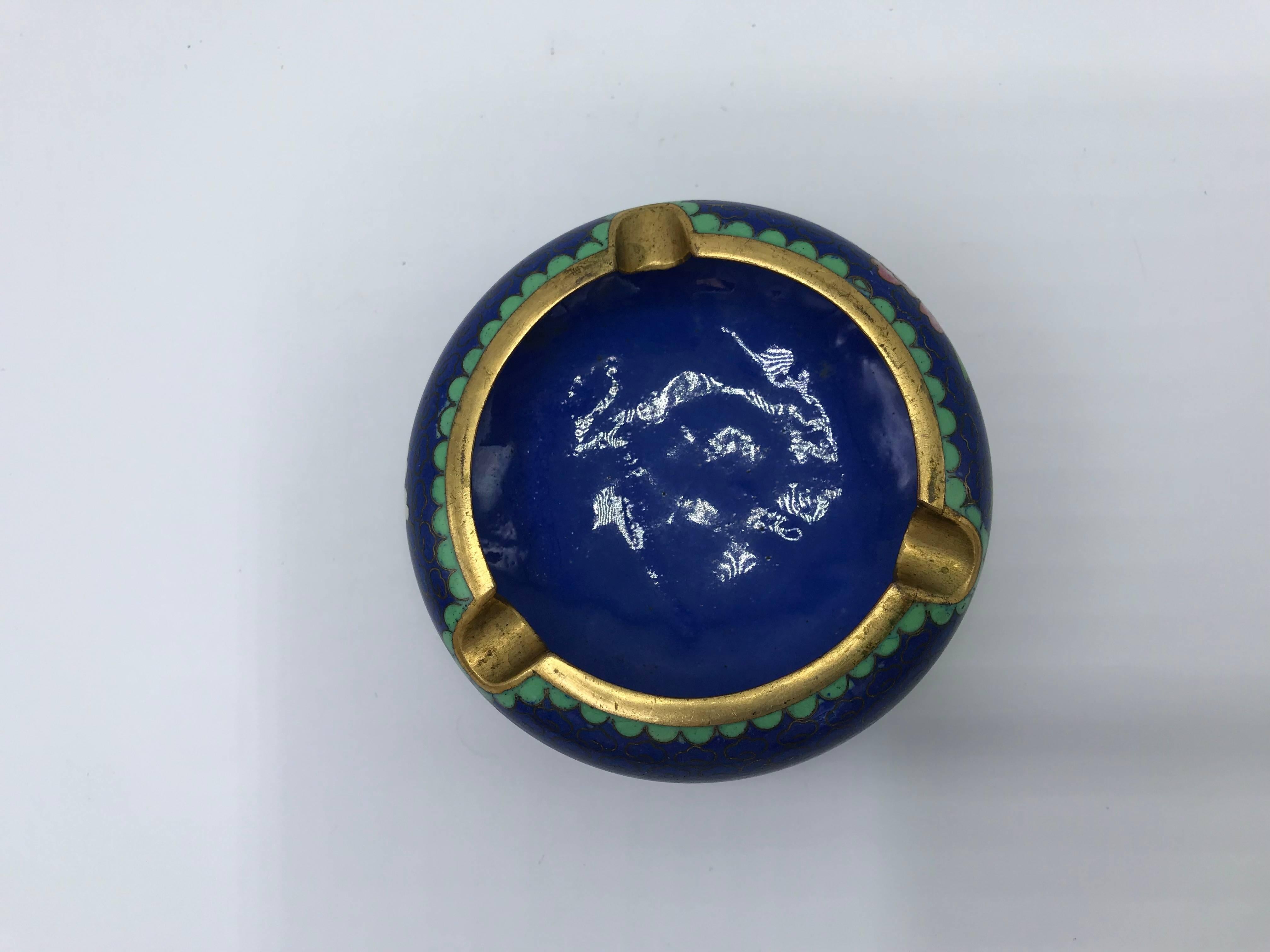 Chinoiserie 1960s Blue Cloisonné Ashtray with Brass Lip