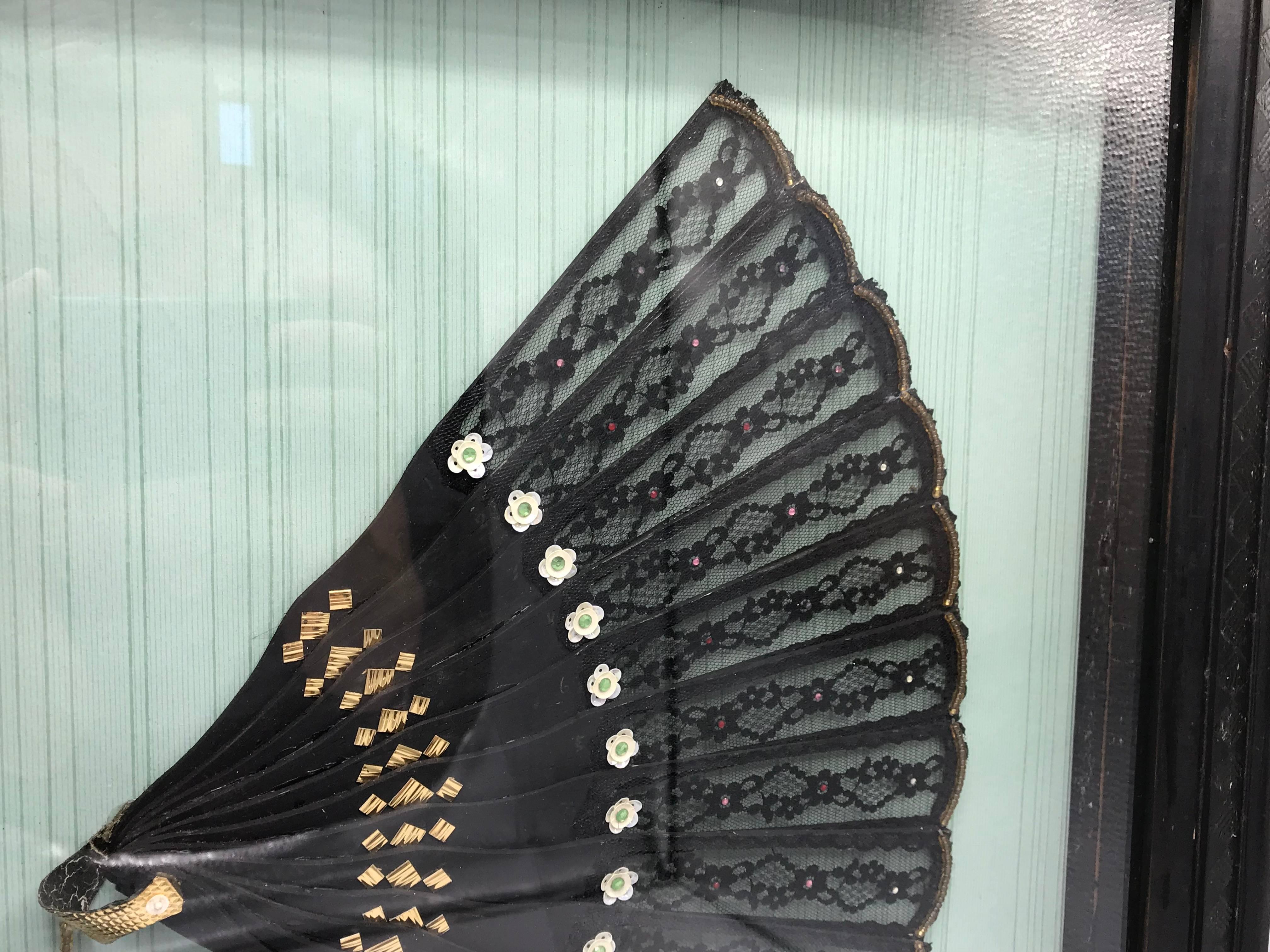 Late Victorian 19th Century Victorian Black Sequin Hand Fan, Framed in Shadow Box