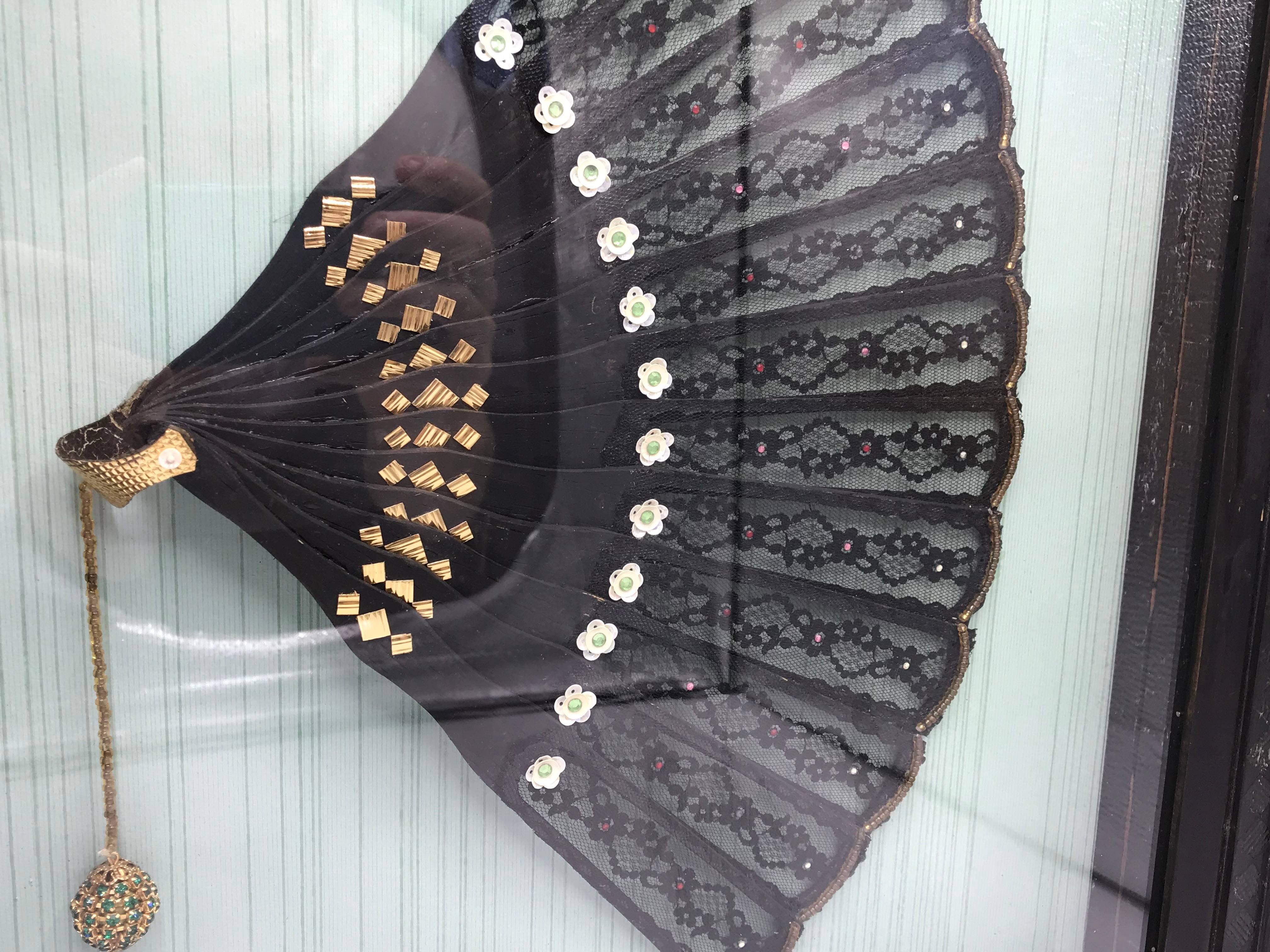19th Century Victorian Black Sequin Hand Fan, Framed in Shadow Box In Good Condition In Richmond, VA