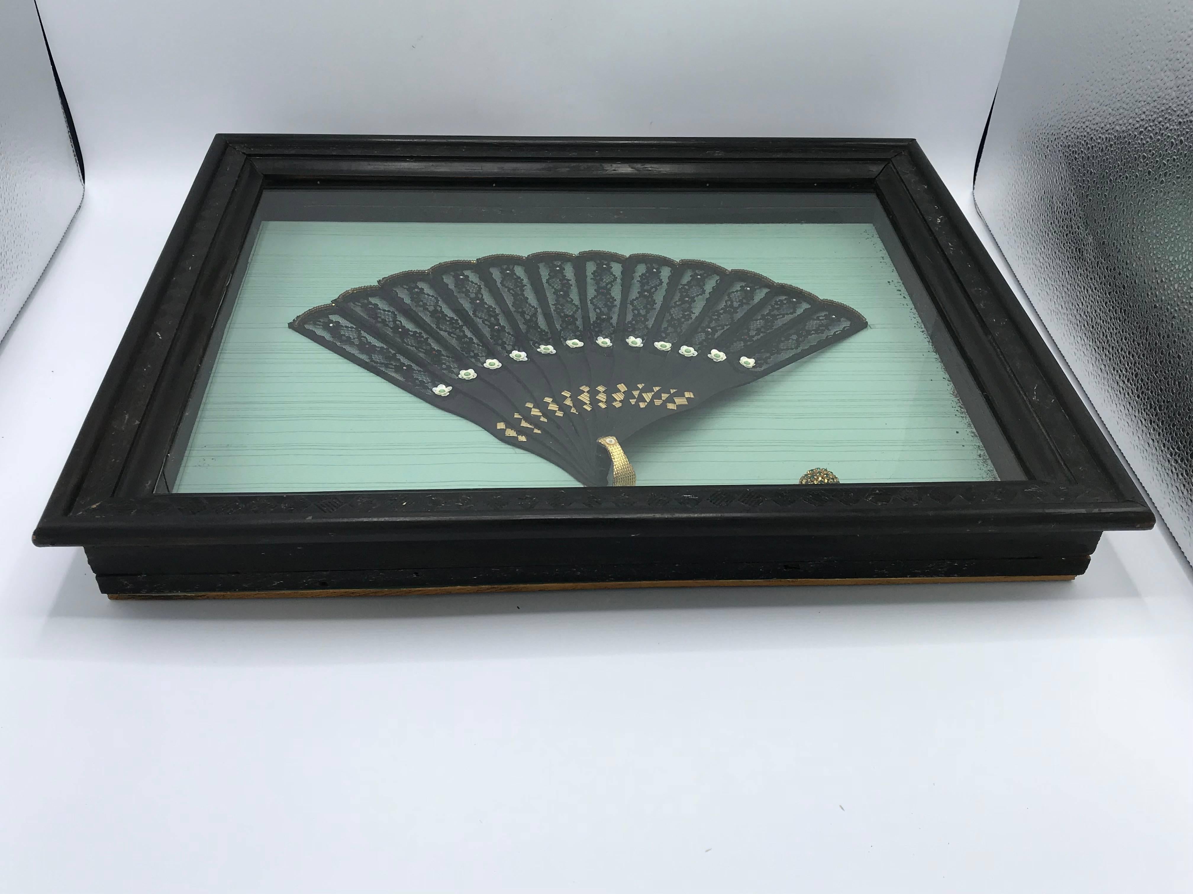19th Century Victorian Black Sequin Hand Fan, Framed in Shadow Box 2