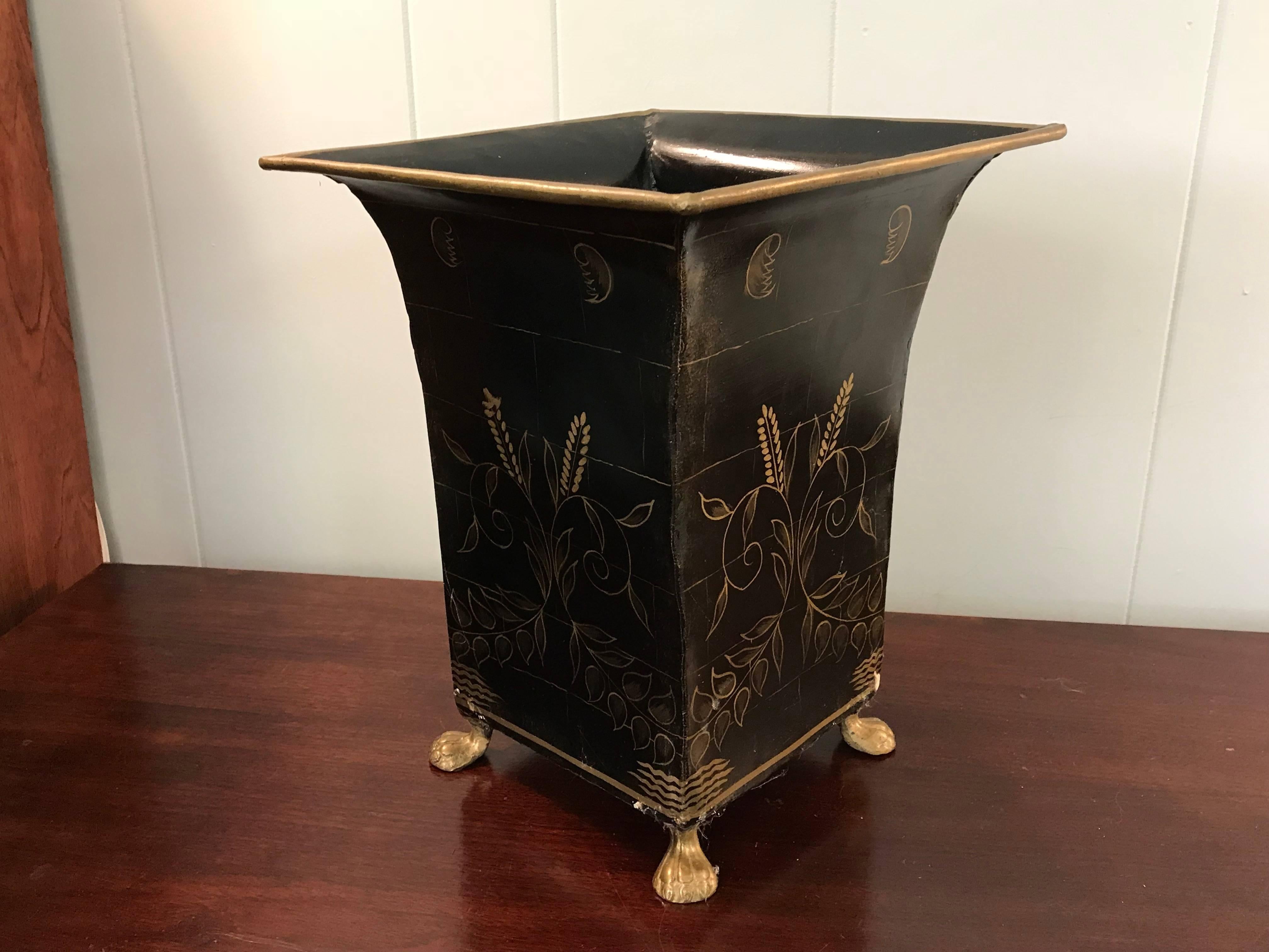 20th Century 1970s Black and Gold Tole Waste Basket with Brass Claw Feet