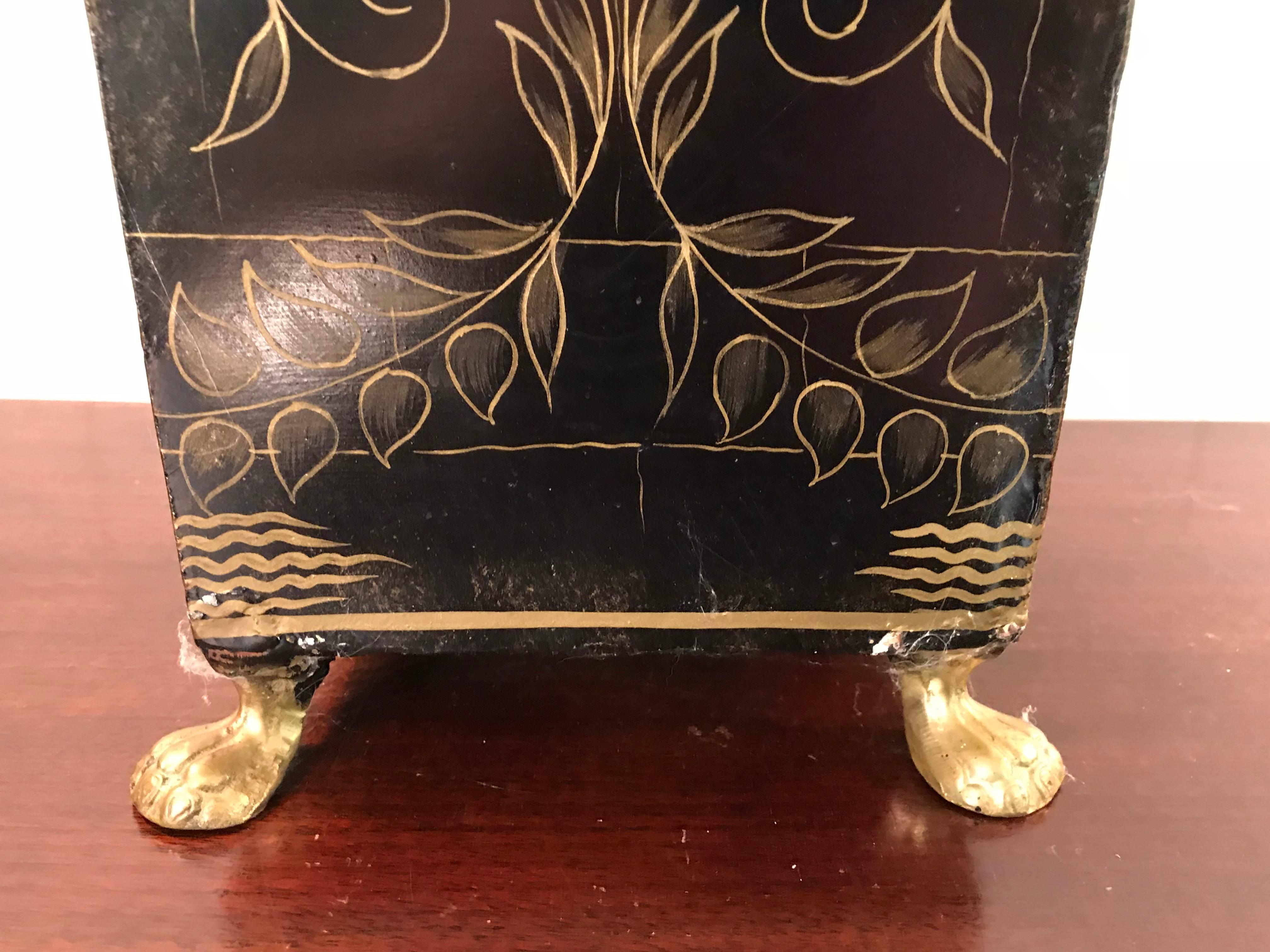 1970s Black and Gold Tole Waste Basket with Brass Claw Feet In Good Condition In Richmond, VA