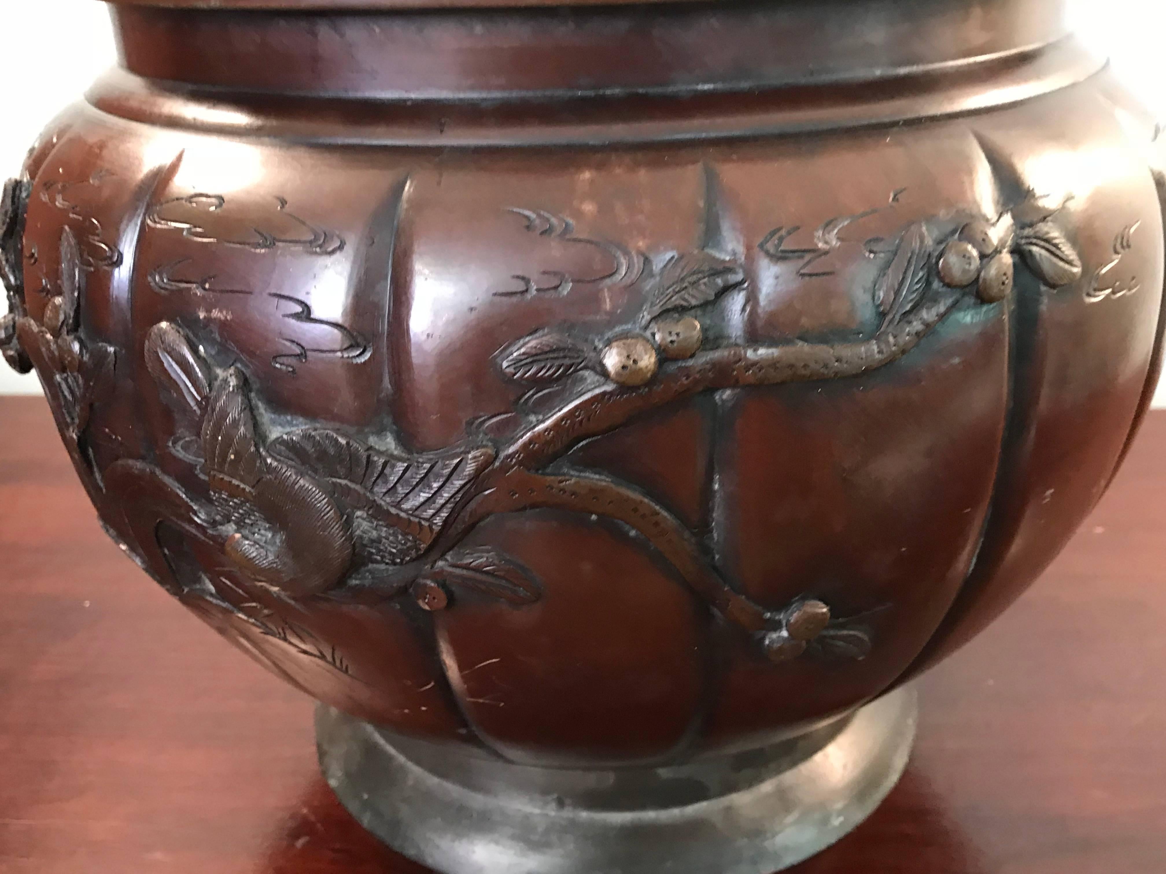 19th Century Meiji Period Bronze Cachepot Planter with a Bird and Tree Motif 1