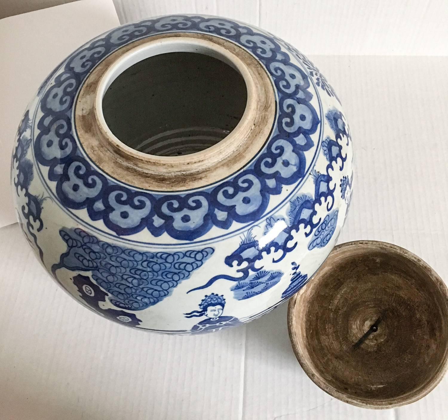 Fired Extra Large Vintage Chinese Blue and White Ginger Jar