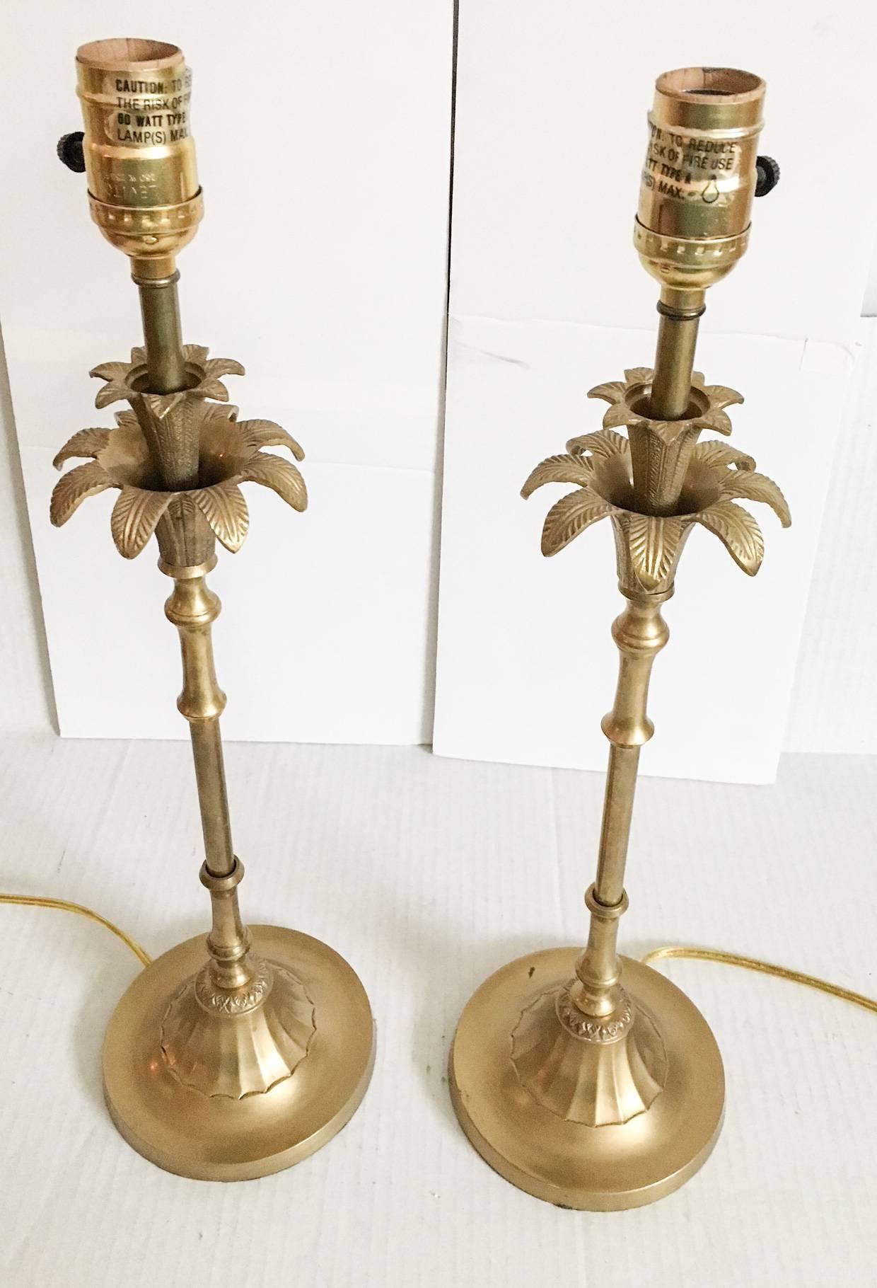 Hollywood Regency Chinoiserie Faux-Bamboo Palm Tree Brass Buffet Lamps, Pair
