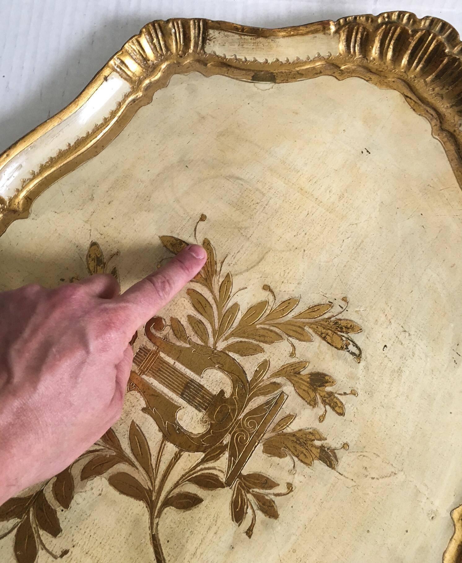 Carved Large Italian Florentine Cream and Gold Tray