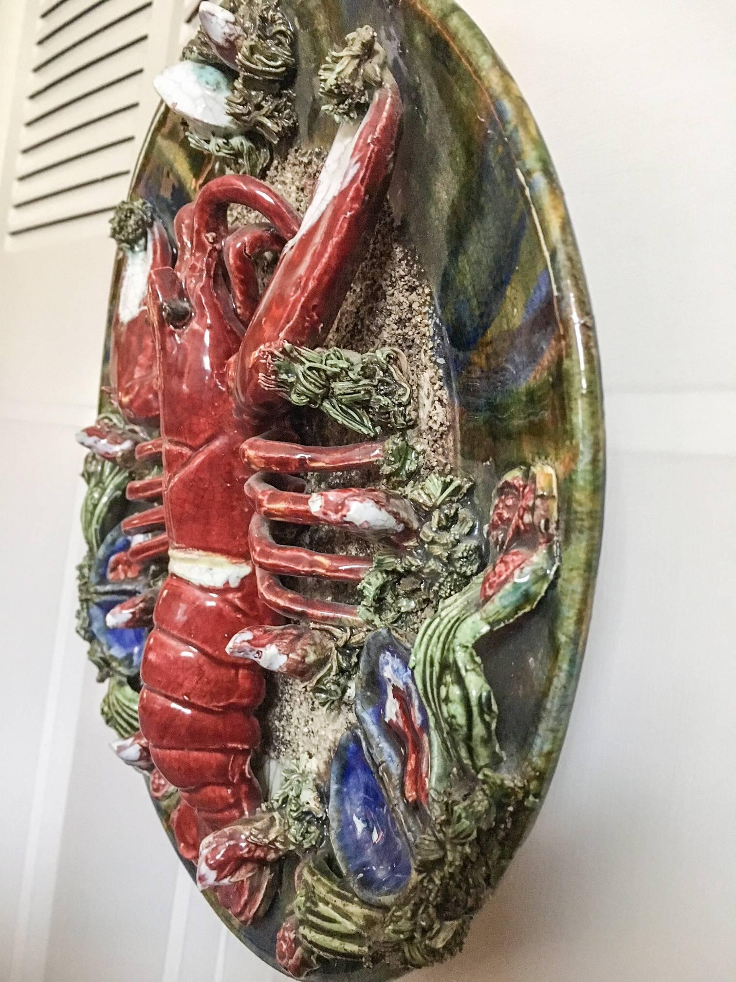 Italian Lobster Crustacean Majolica Pallisy Plaque by Jose a Cunha