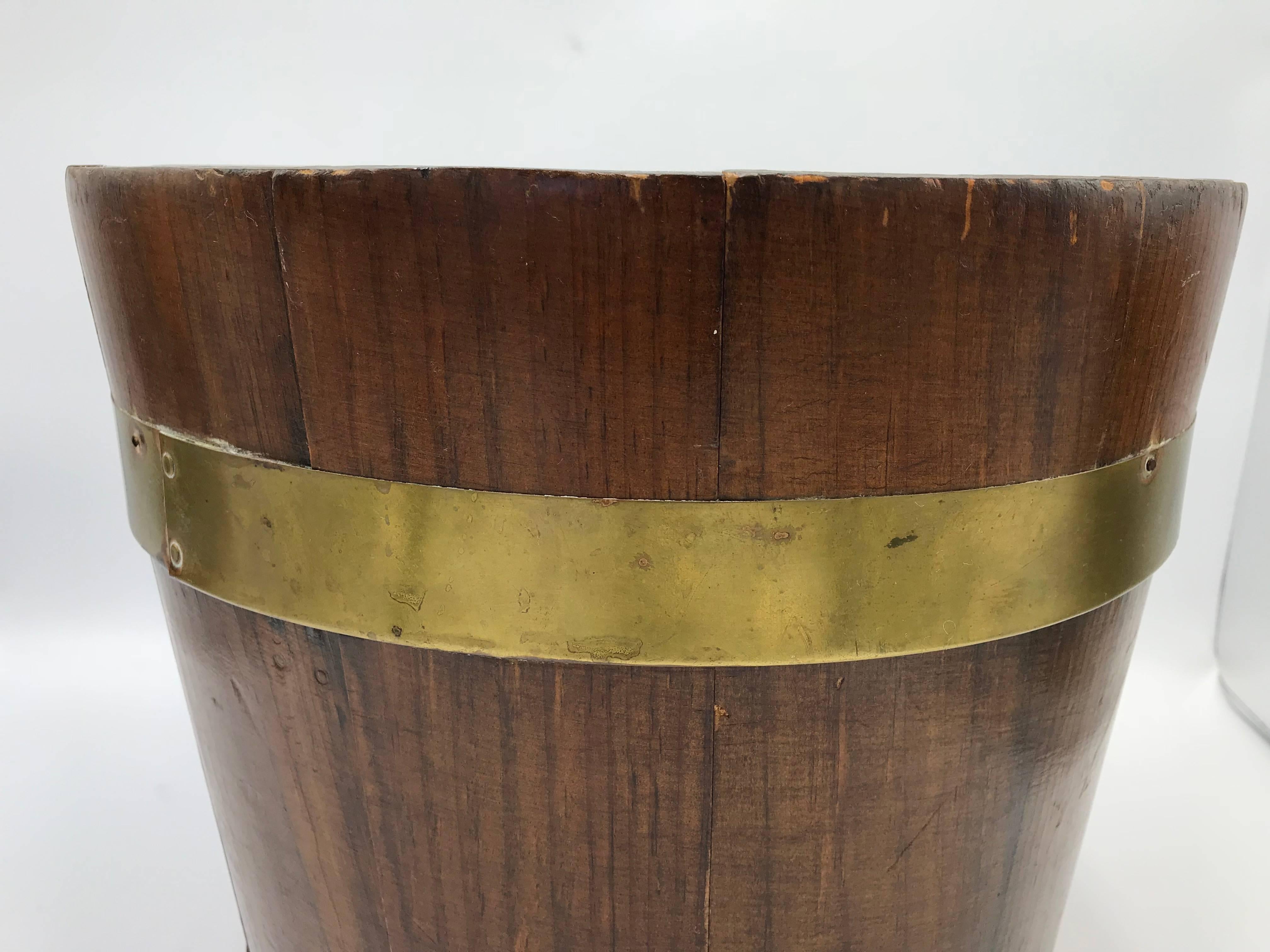 19th Century English Pine and Brass Banded Collar Bucket Cachepot 1