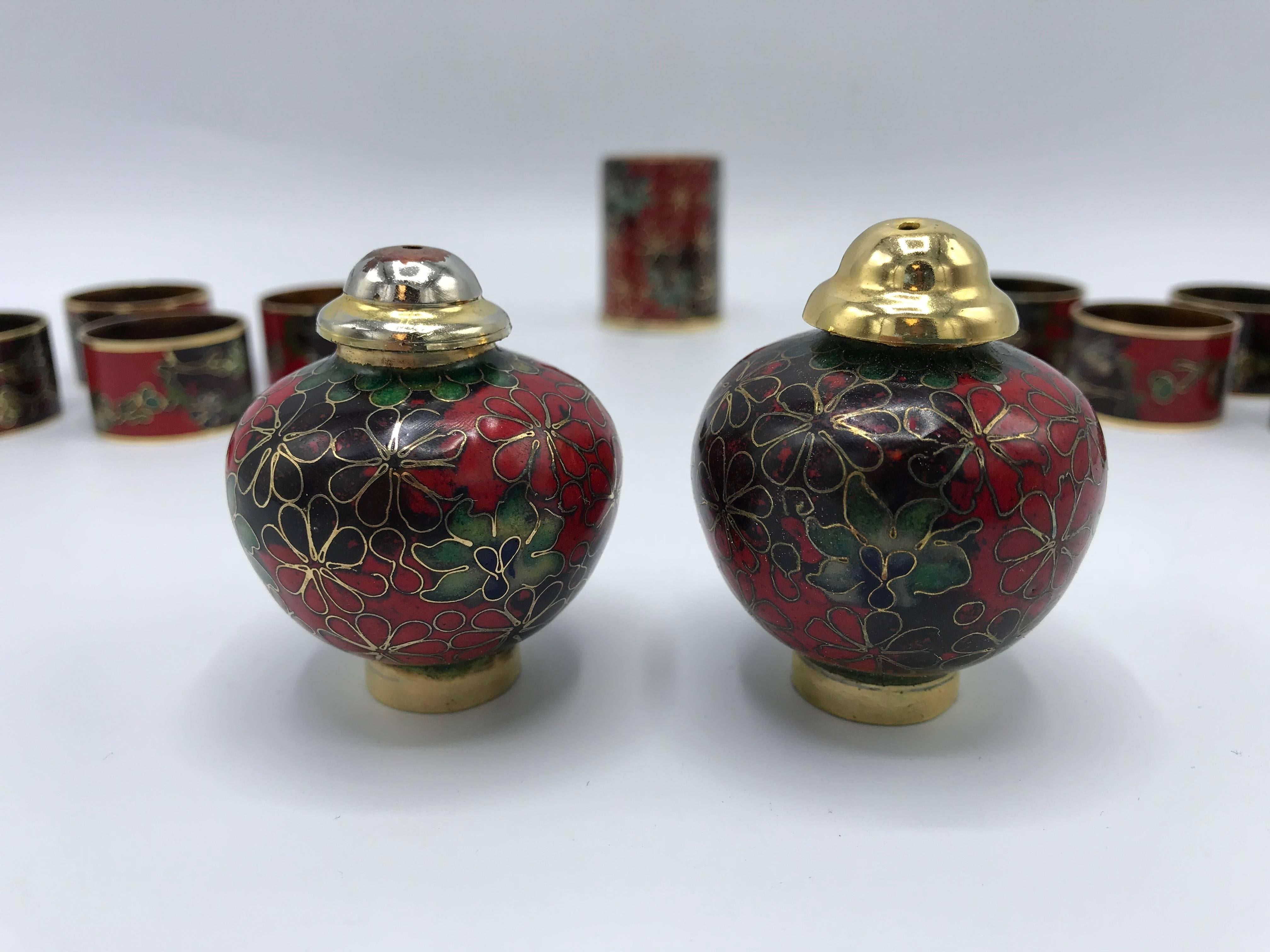 1950s Cloisonné Napkin Ring, Salt and Pepper and Toothpick Set, Set of 11 For Sale 2