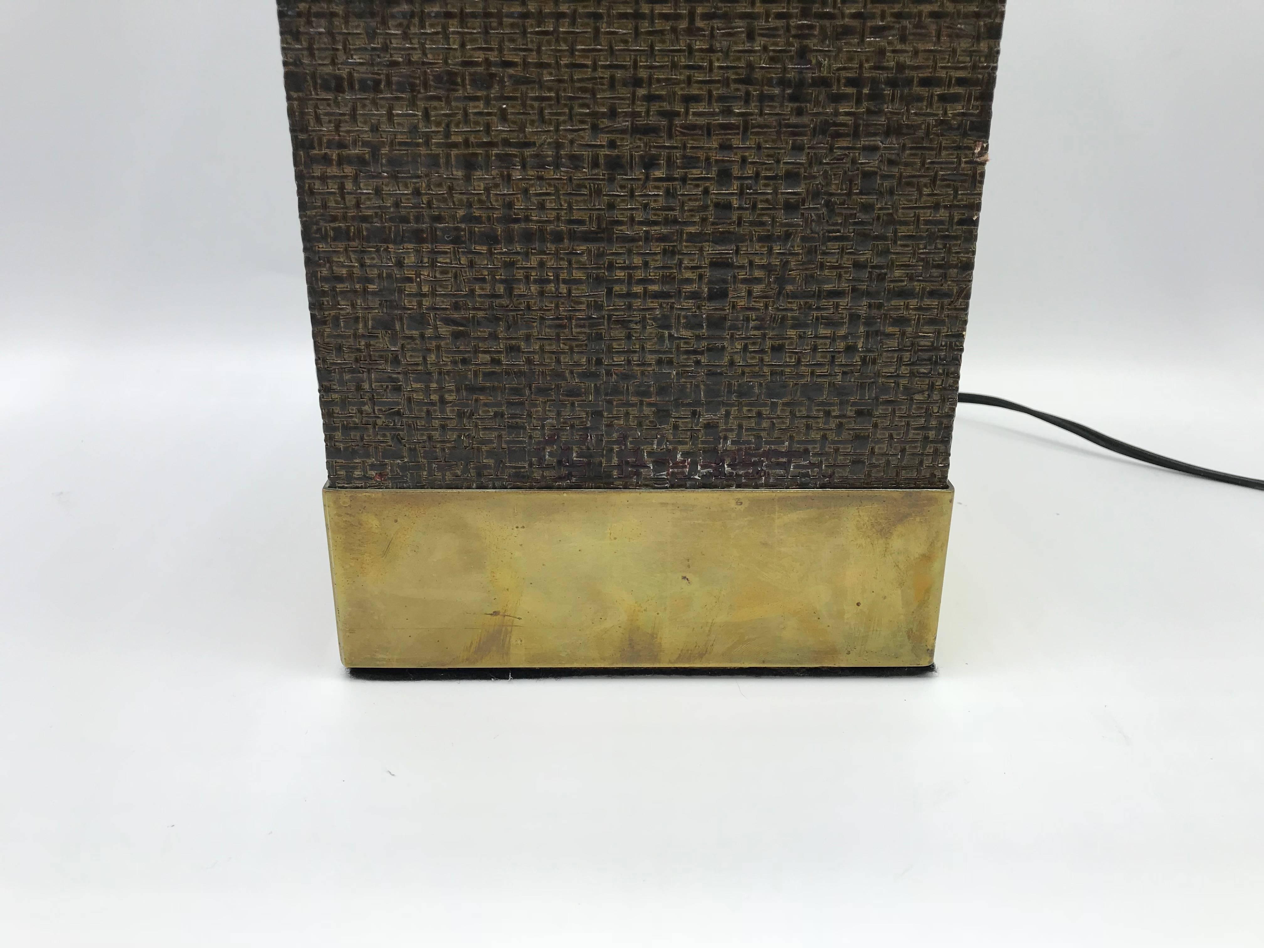 Lacquered 1970s Italian Karl Springer Style Brass and Lacquer Grasscloth Cube Lamp