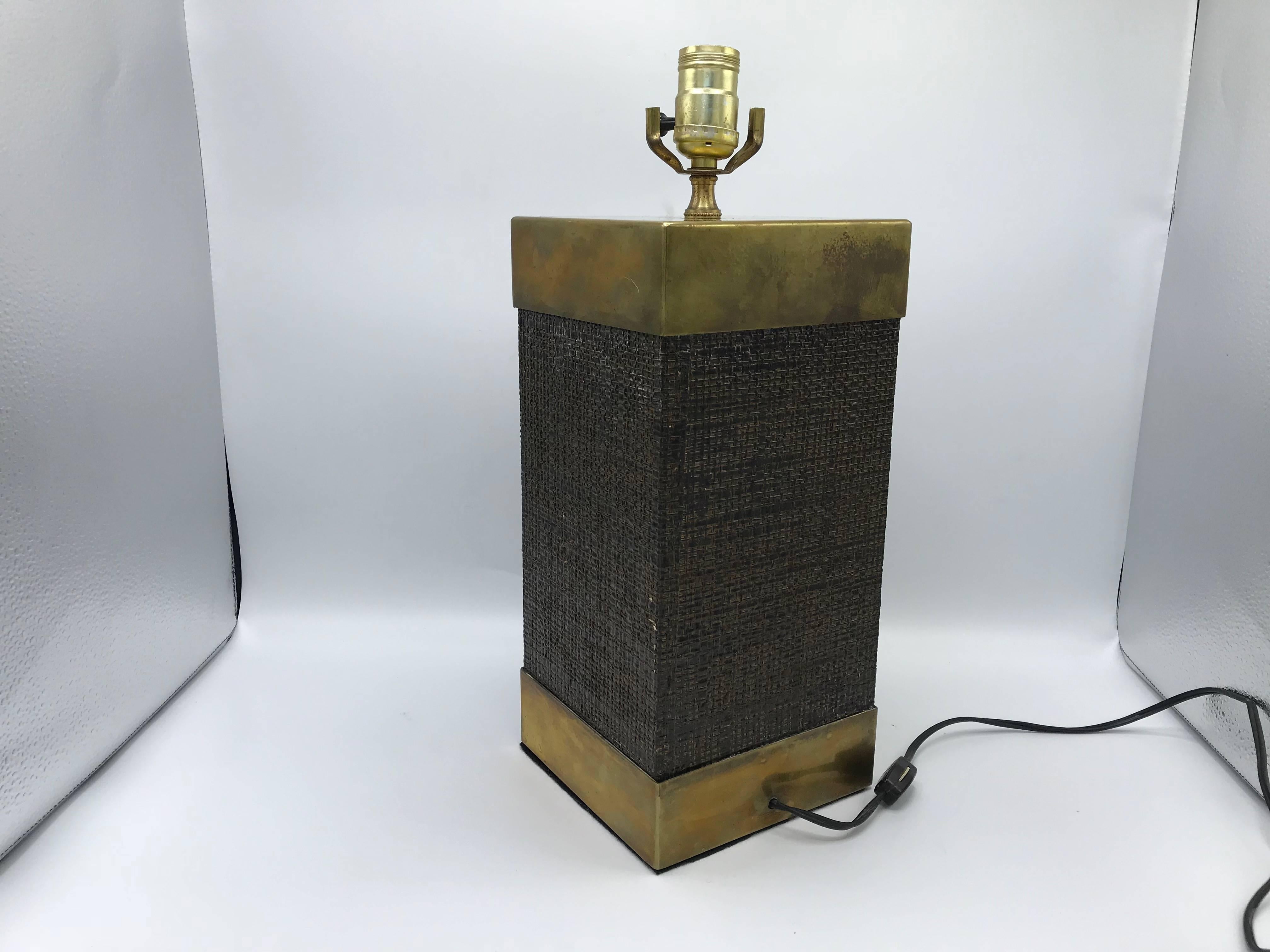20th Century 1970s Italian Karl Springer Style Brass and Lacquer Grasscloth Cube Lamp