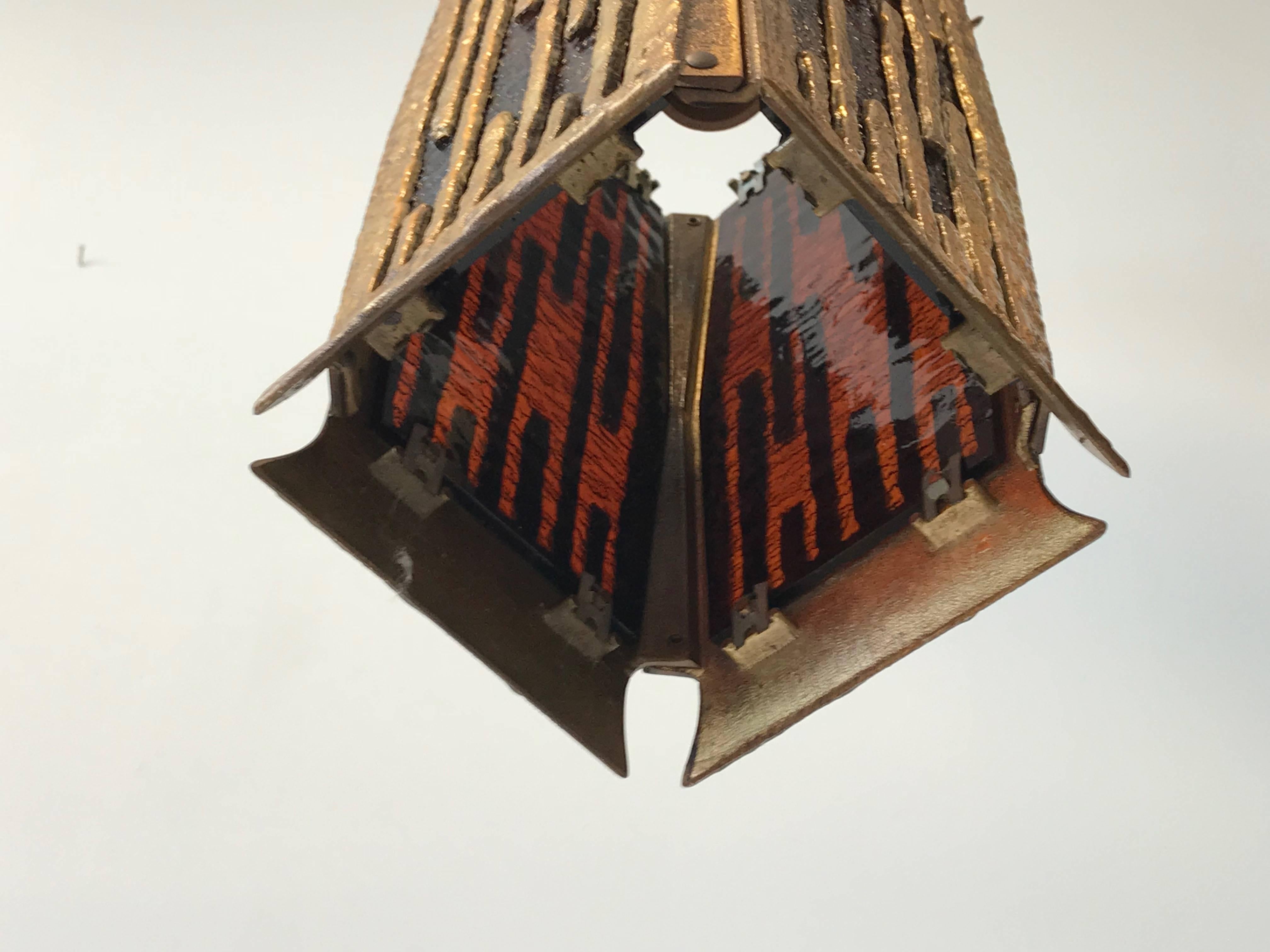 1970s Moe Bridges Brutalist Brass Metal Pendant Chandelier In Good Condition In Richmond, VA