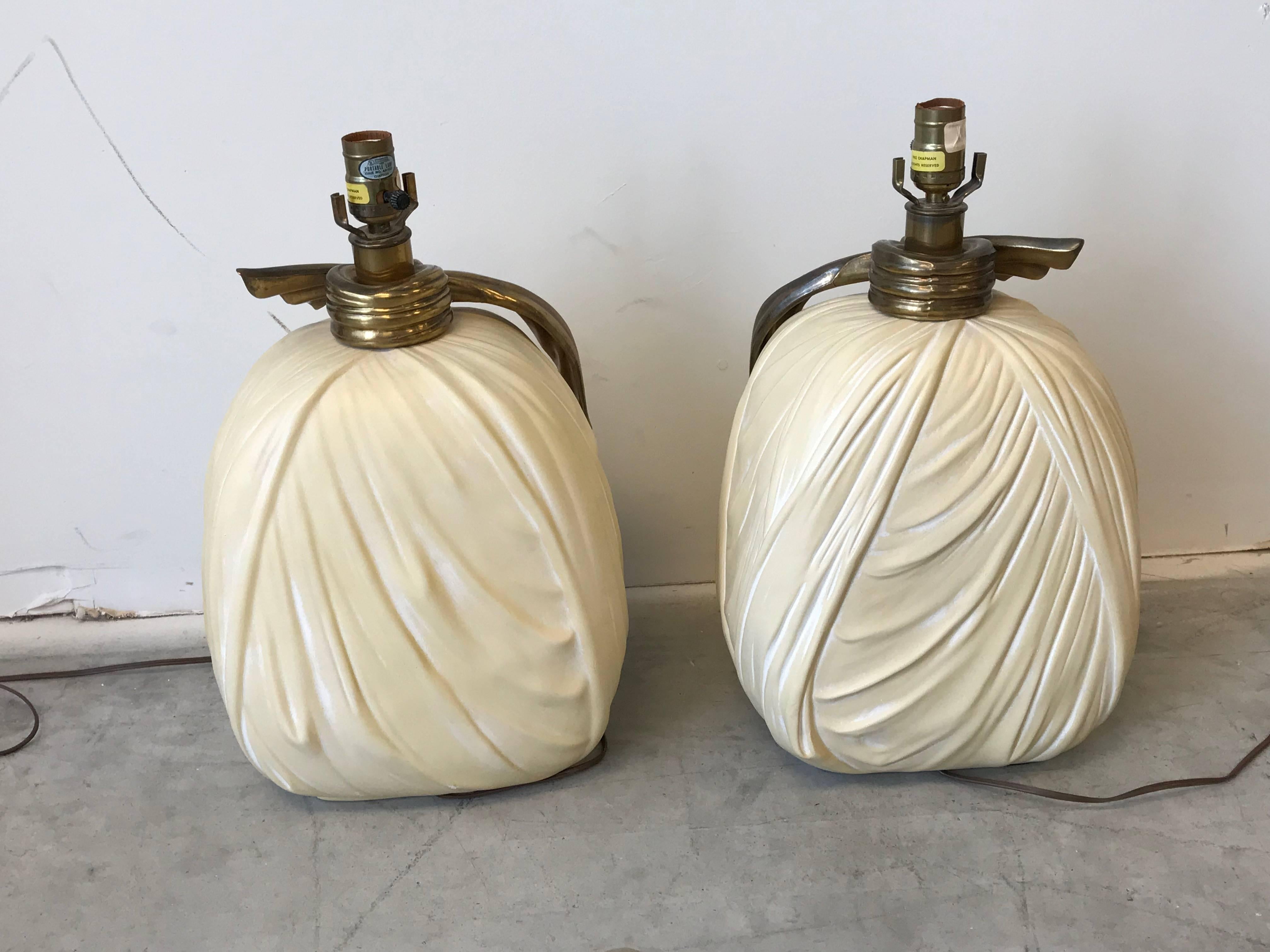 1980s Chapman Hollywood Regency Ceramic and Brass Bow Lamps, Pair 2