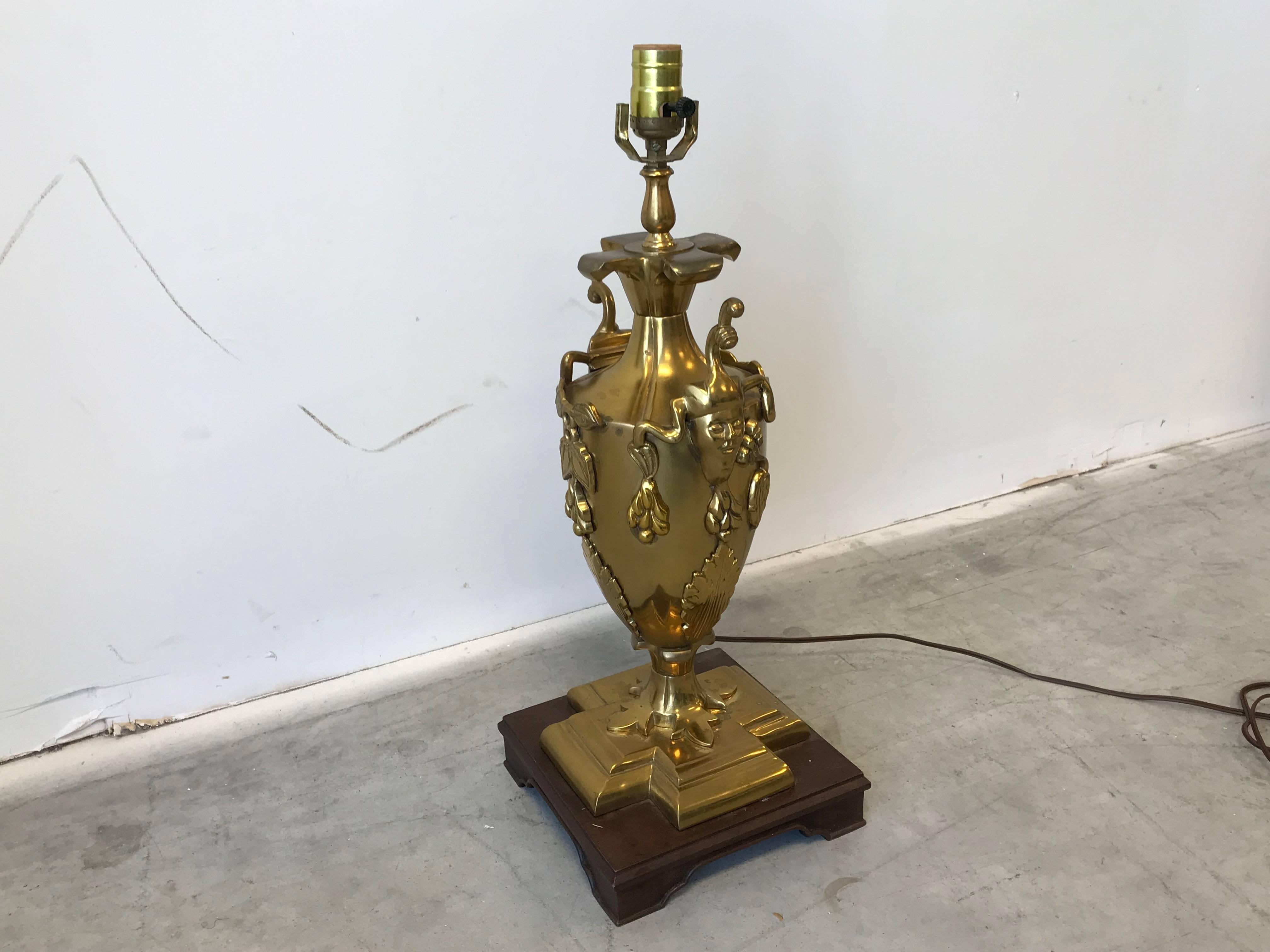 1960s, Italian Brass Bacchus Lamp on Wood Base 1