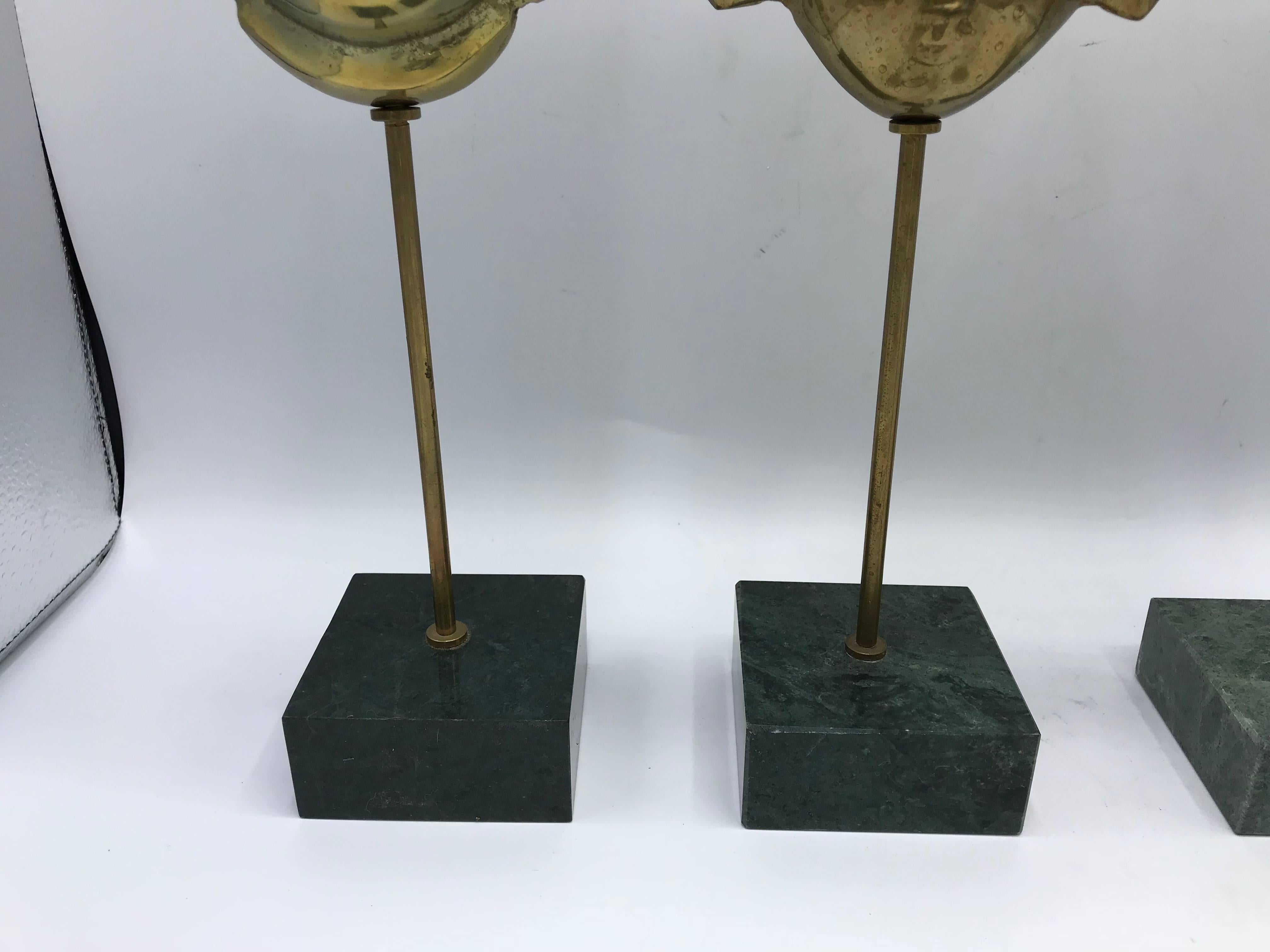 Chinoiserie 1960s, Italian Modern Brass Asian Mask Sculptures on Marble Base, Set of Four