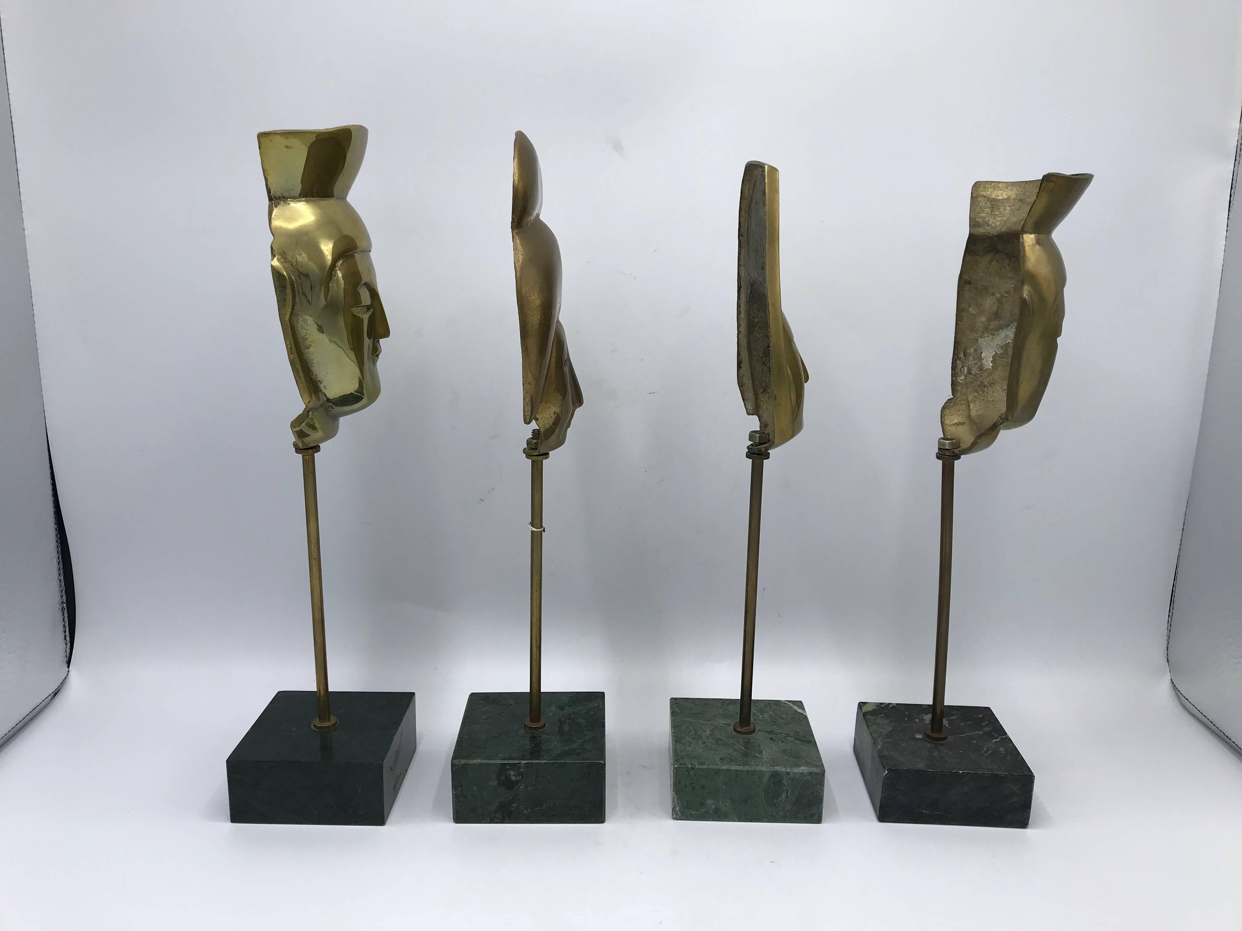 1960s, Italian Modern Brass Asian Mask Sculptures on Marble Base, Set of Four 1