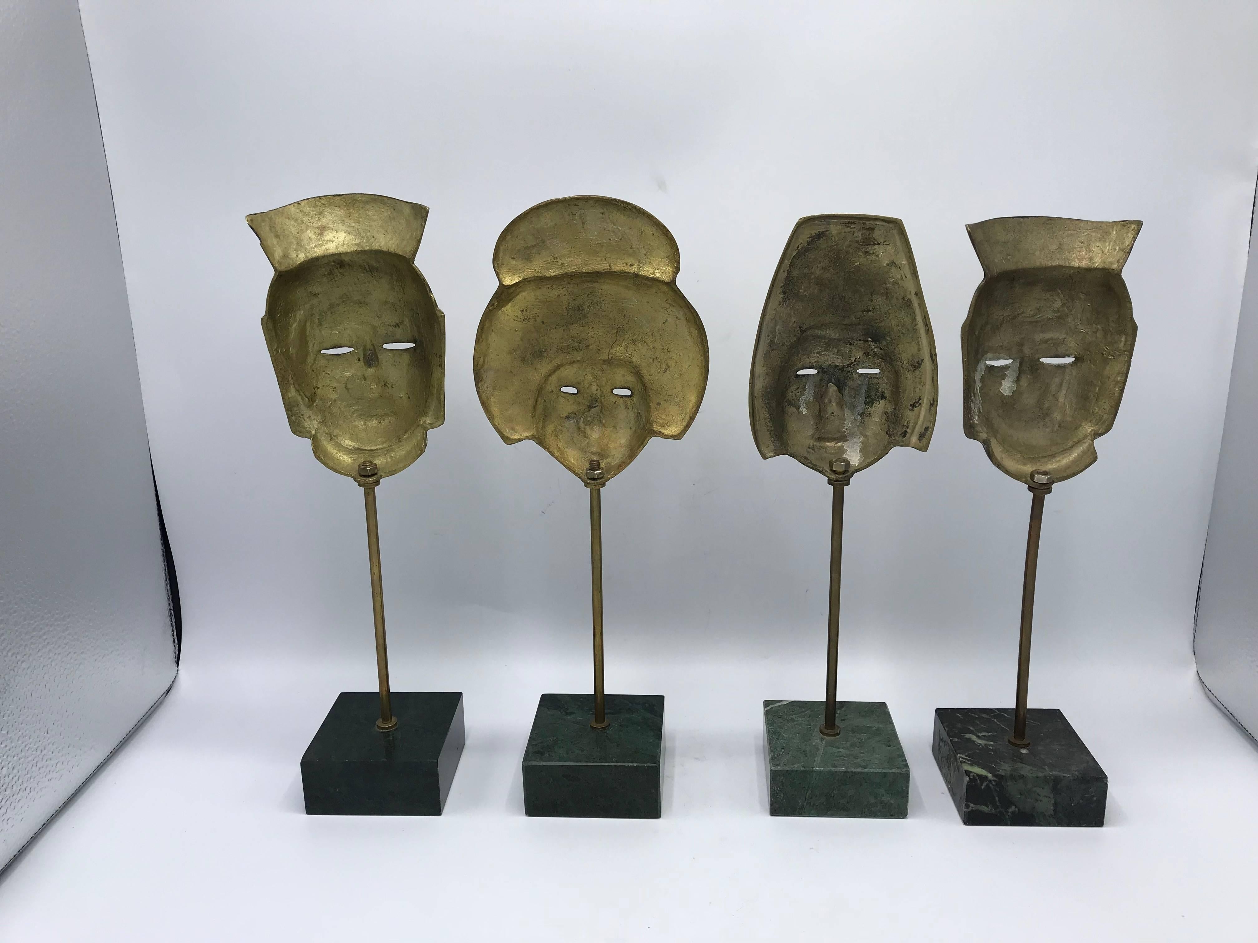 1960s, Italian Modern Brass Asian Mask Sculptures on Marble Base, Set of Four 2