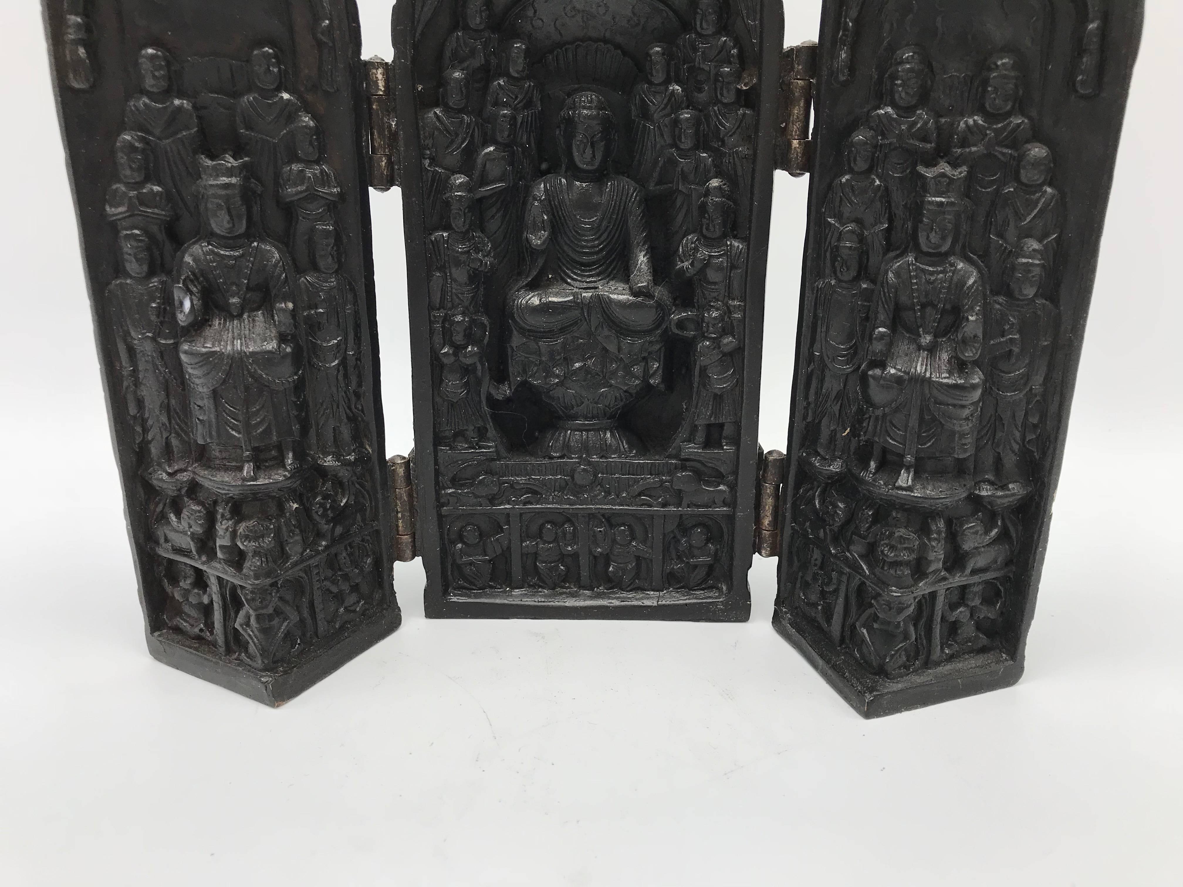 1970s Asian Buddha Temple Reliquary Shrine Trifold Sculpture In Good Condition In Richmond, VA