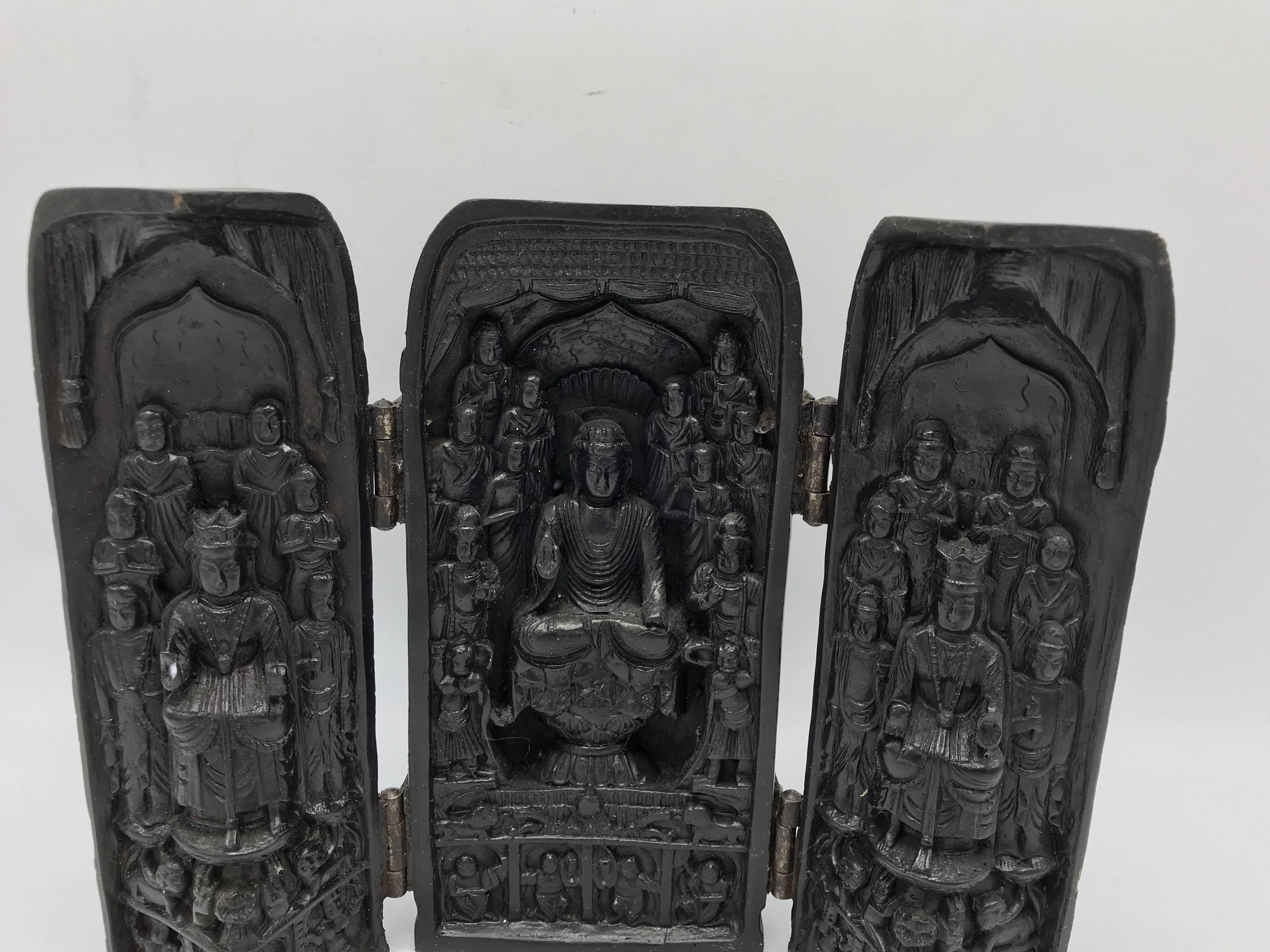 Chinoiserie 1970s Asian Buddha Temple Reliquary Shrine Trifold Sculpture