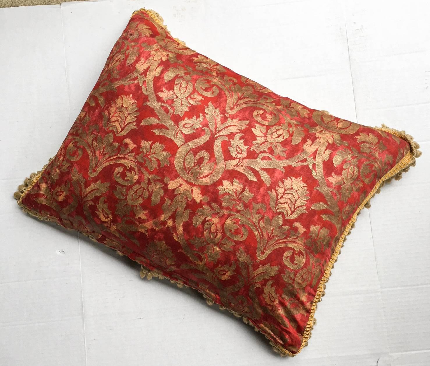 Italian Fortuny Gold and Red Reversible Silk Pillow with Fringe