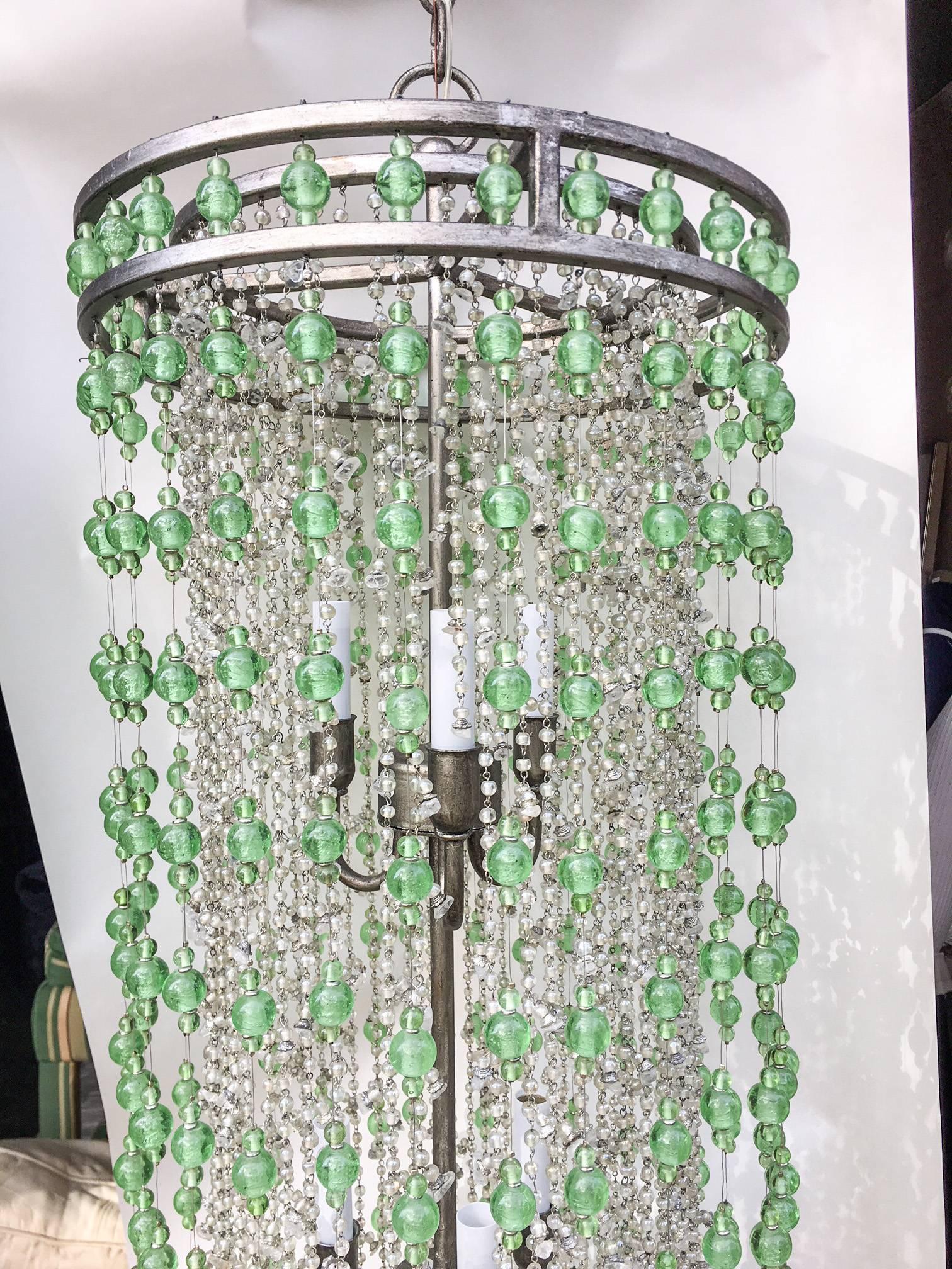 Philippine Hollywood Regency Green and Clear Raindrop Statement Chandelier