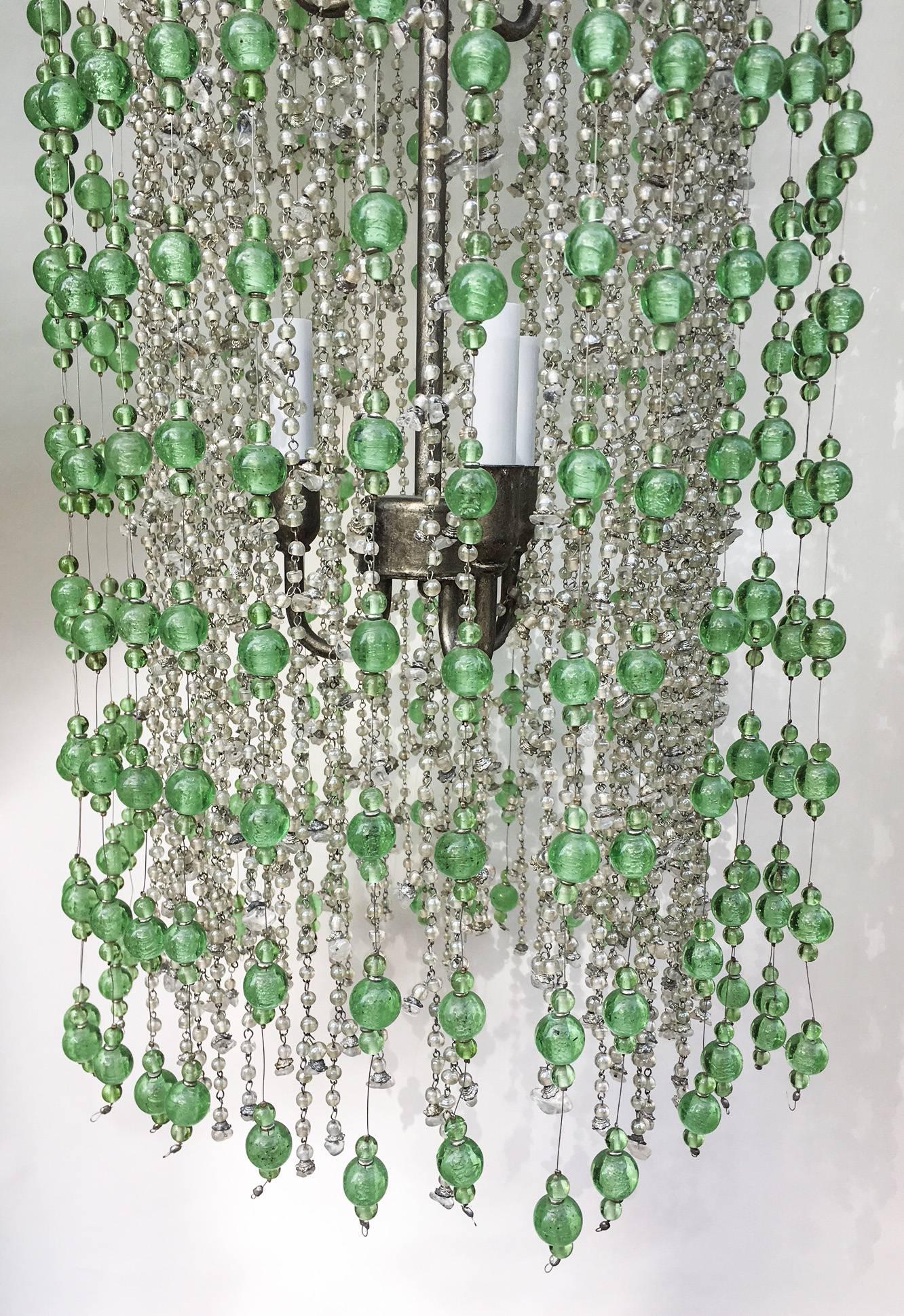 Molded Hollywood Regency Green and Clear Raindrop Statement Chandelier