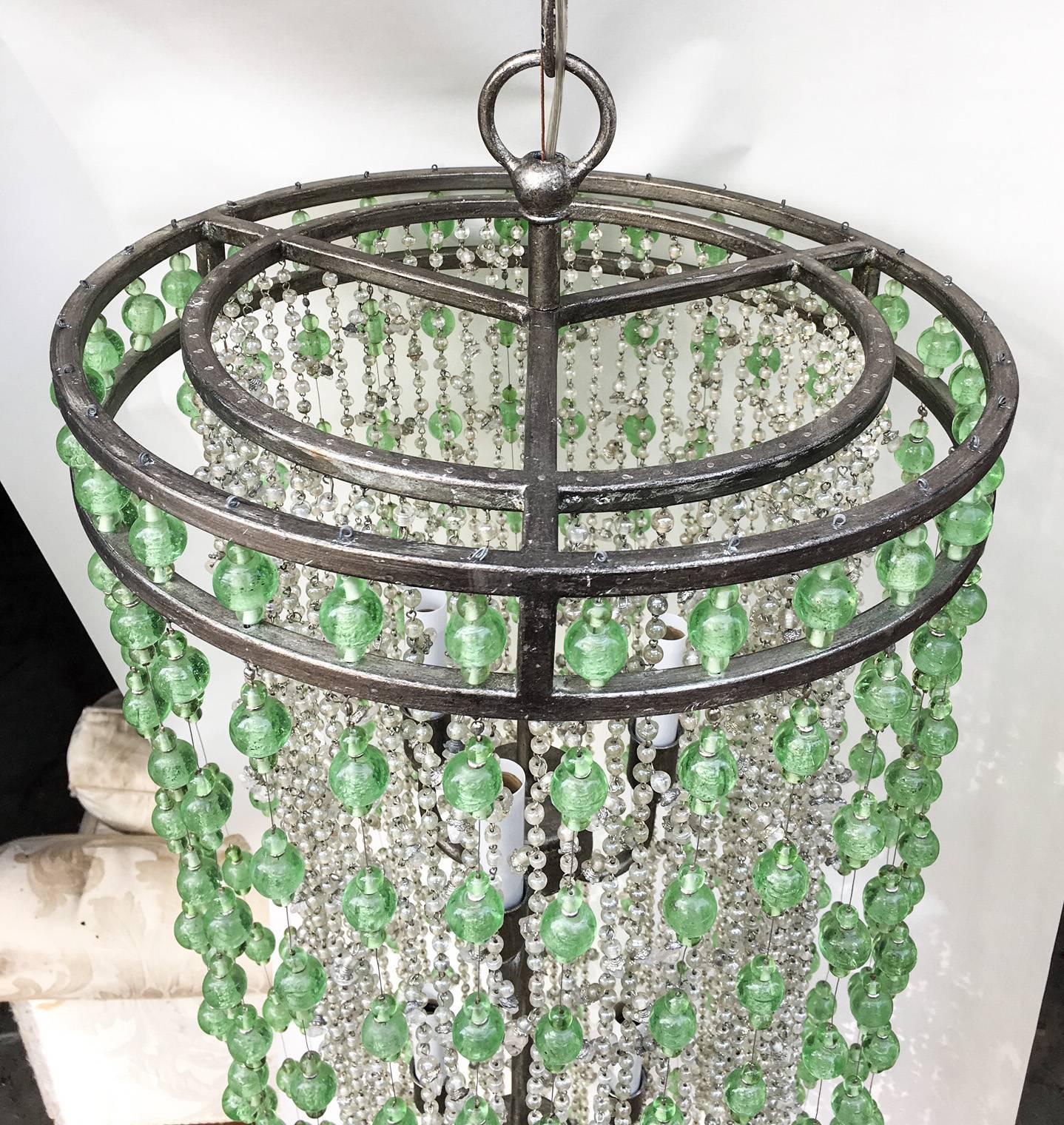 Contemporary Hollywood Regency Green and Clear Raindrop Statement Chandelier
