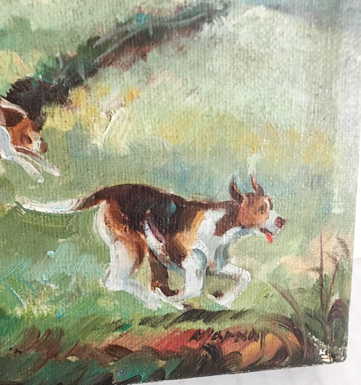 Beautifully detailed 8 x 10 oil on stretched canvas over wood steeplechase painting depicting a lady horseback rider with two frolicking hounds in the countryside. Some wear to the edges as shown; circa 1940s-1950s. Signed lower right corner with