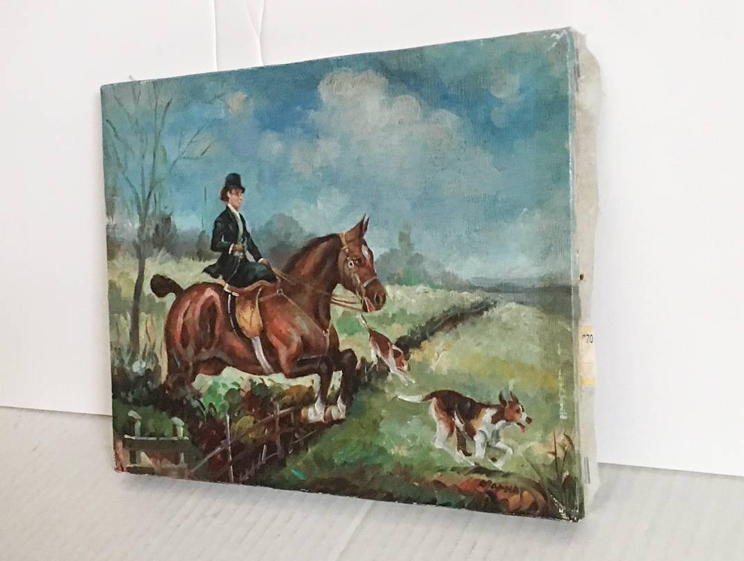 Painted Equestrian Steeplechase with Hunting Hounds Petite Oil Painting