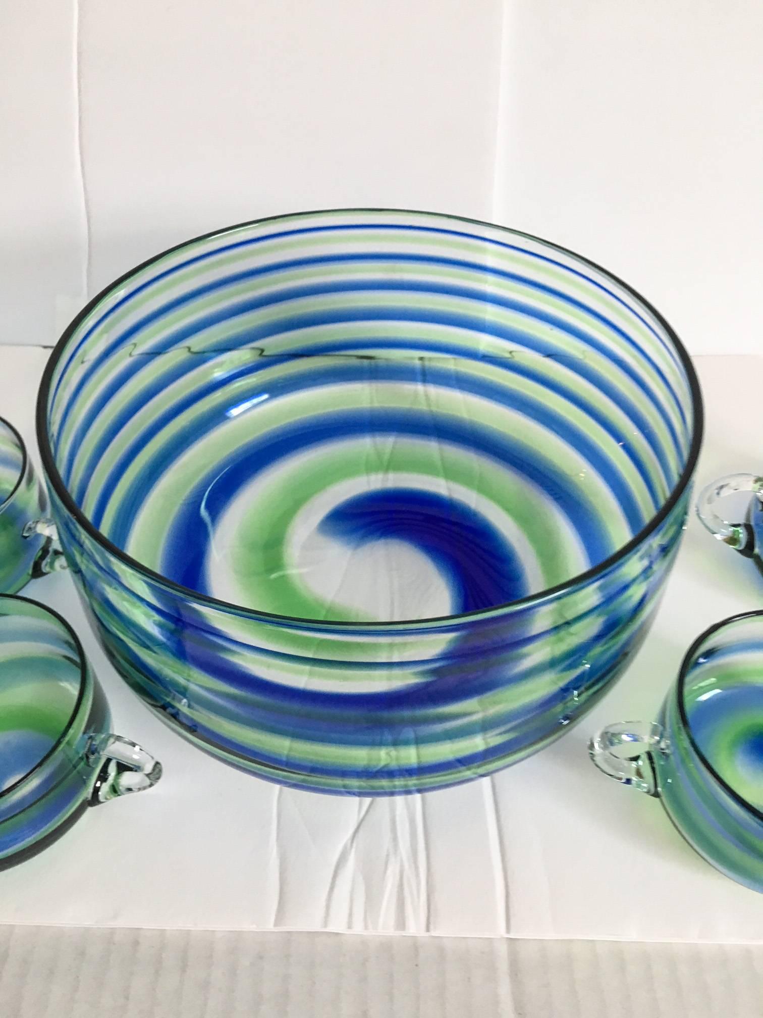 Mid-Century Modern Midcentury Artisanal Glass Swirl Punch Bowl Set, Service for Four