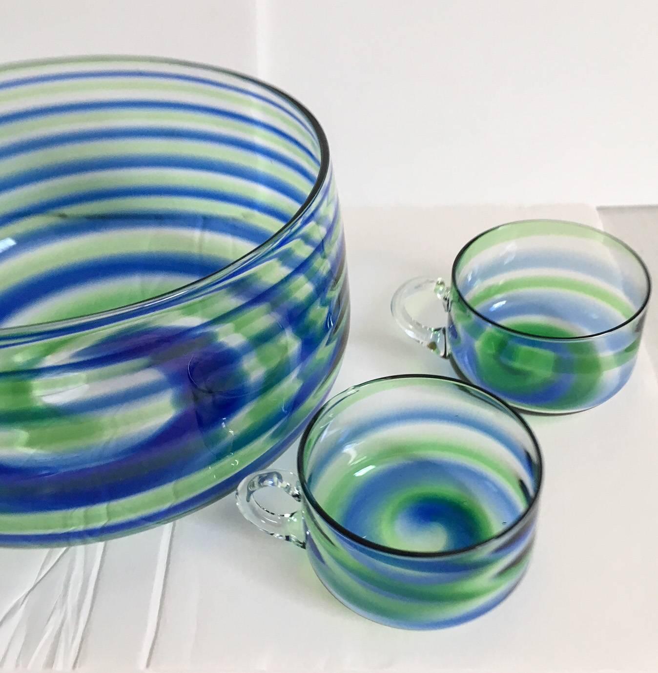 Unknown Midcentury Artisanal Glass Swirl Punch Bowl Set, Service for Four