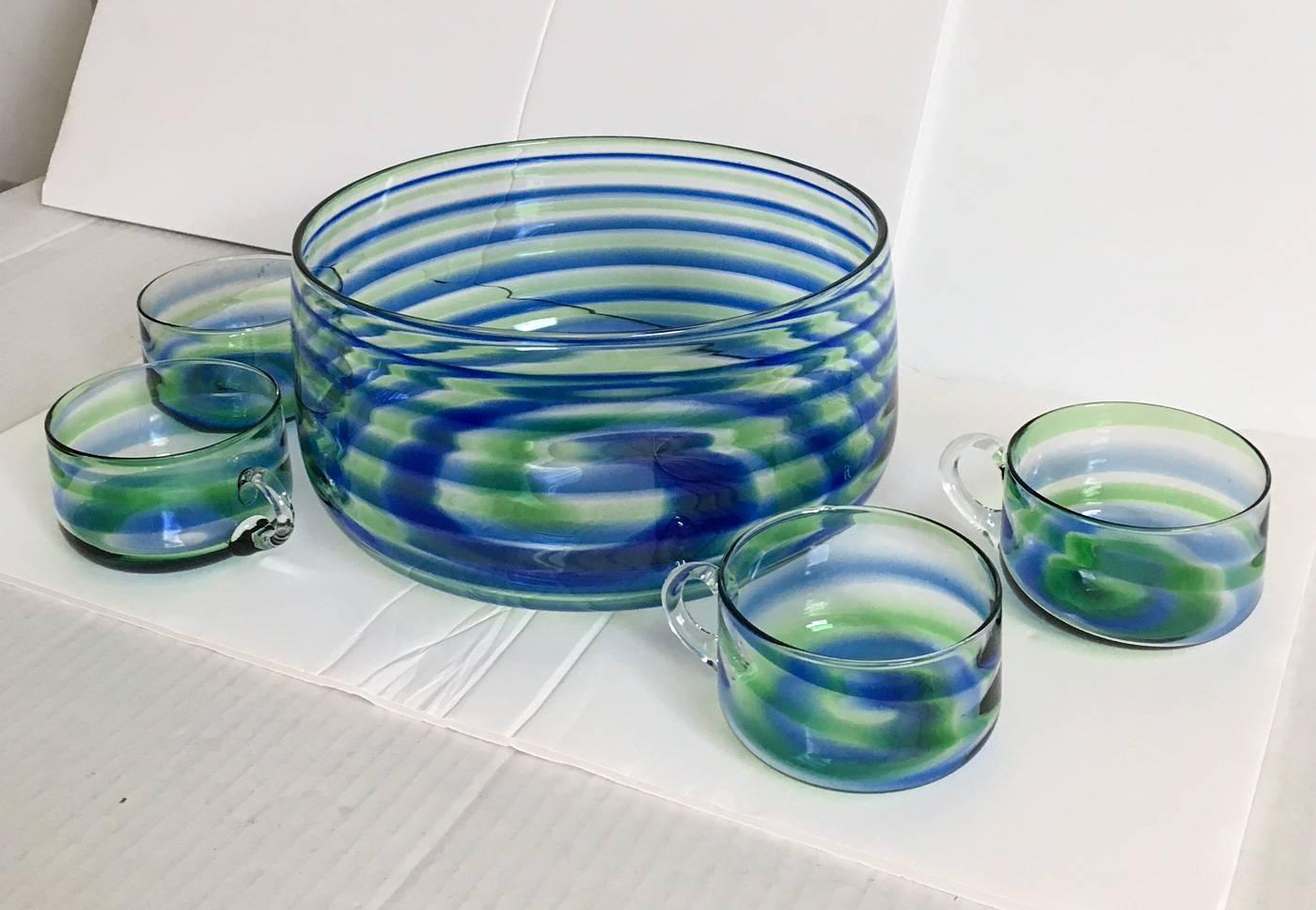 Other Midcentury Artisanal Glass Swirl Punch Bowl Set, Service for Four