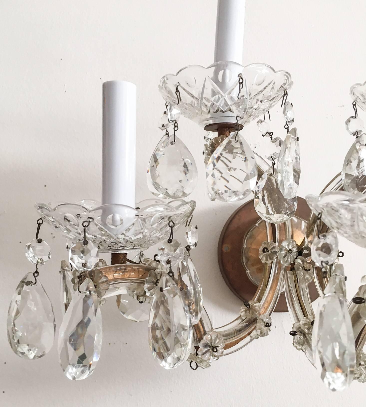 Neoclassical Revival 1940s Italian Crystal and Brass Five-Arm Sconces, Pair