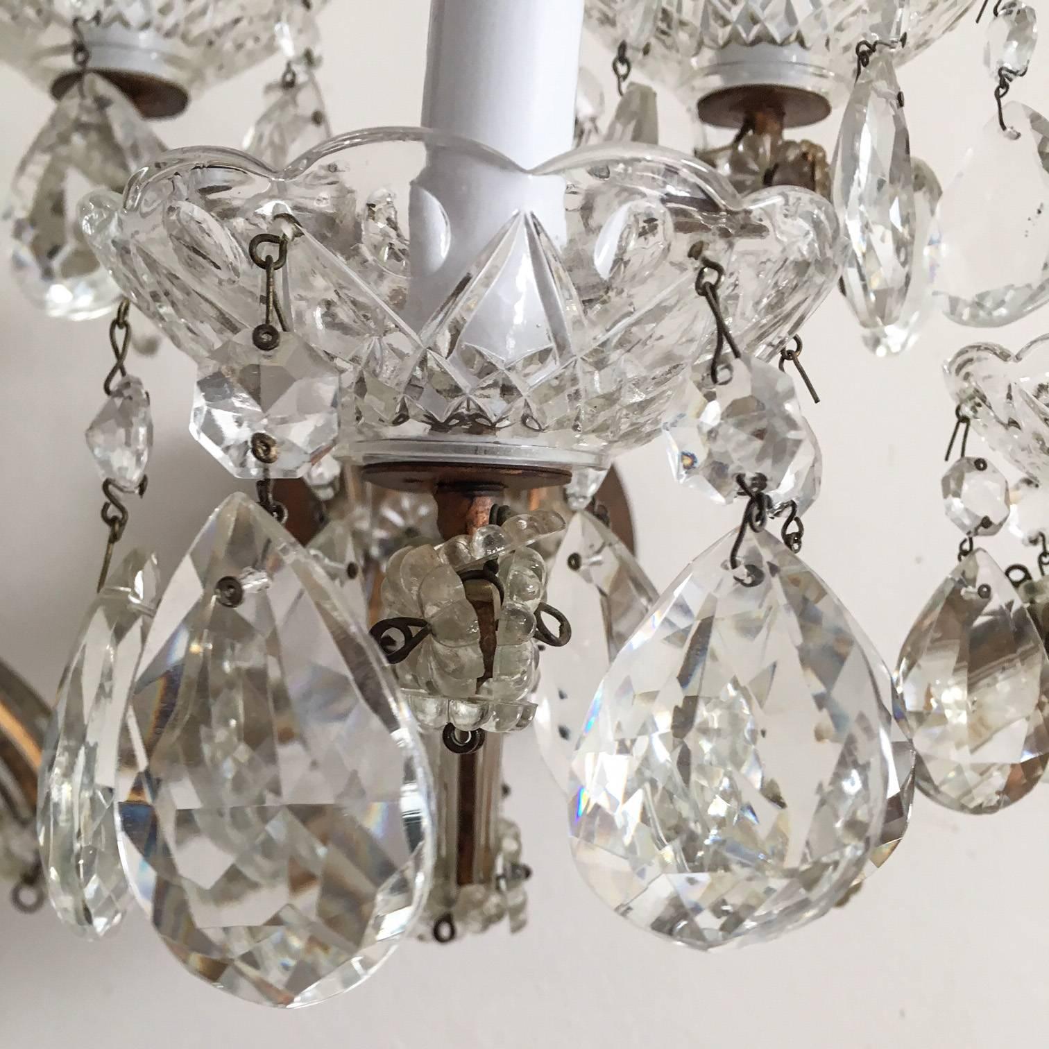 Faceted 1940s Italian Crystal and Brass Five-Arm Sconces, Pair