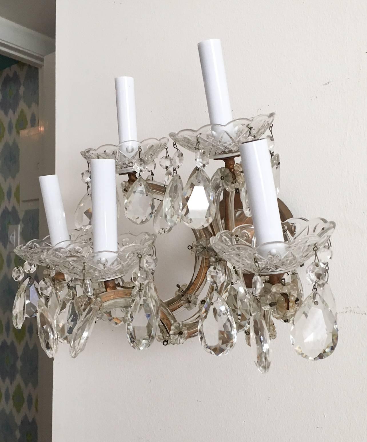 1940s Italian Crystal and Brass Five-Arm Sconces, Pair In Excellent Condition In Richmond, VA